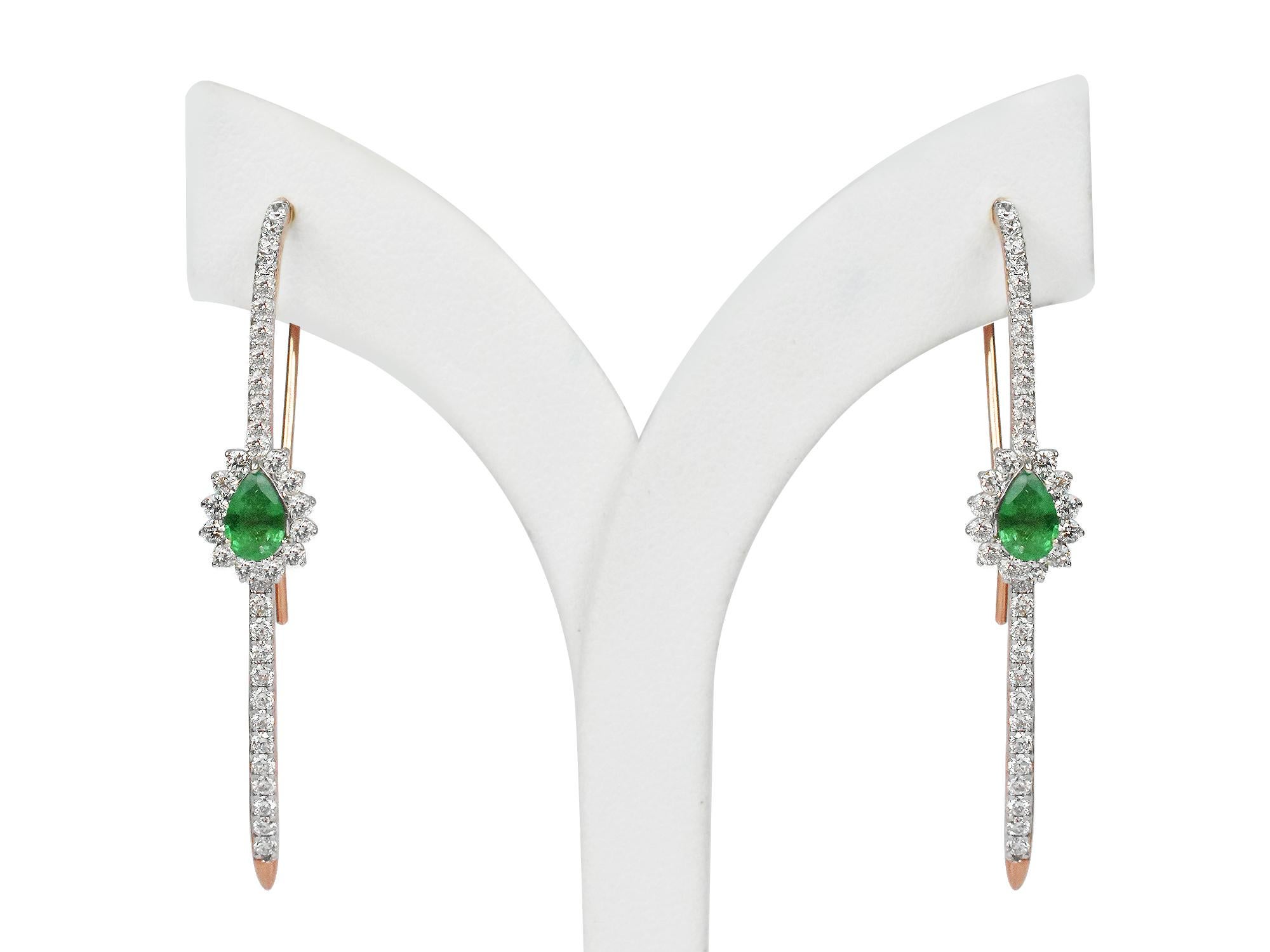 Contemporary 18 Karat Gold Two Tone White Gold Rose Gold Long Earring Long Bar Emerald Oval For Sale