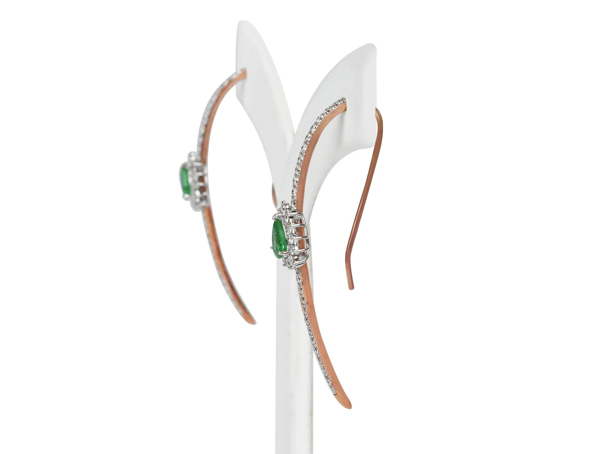 Pear Cut 18 Karat Gold Two Tone White Gold Rose Gold Long Earring Long Bar Emerald Oval For Sale