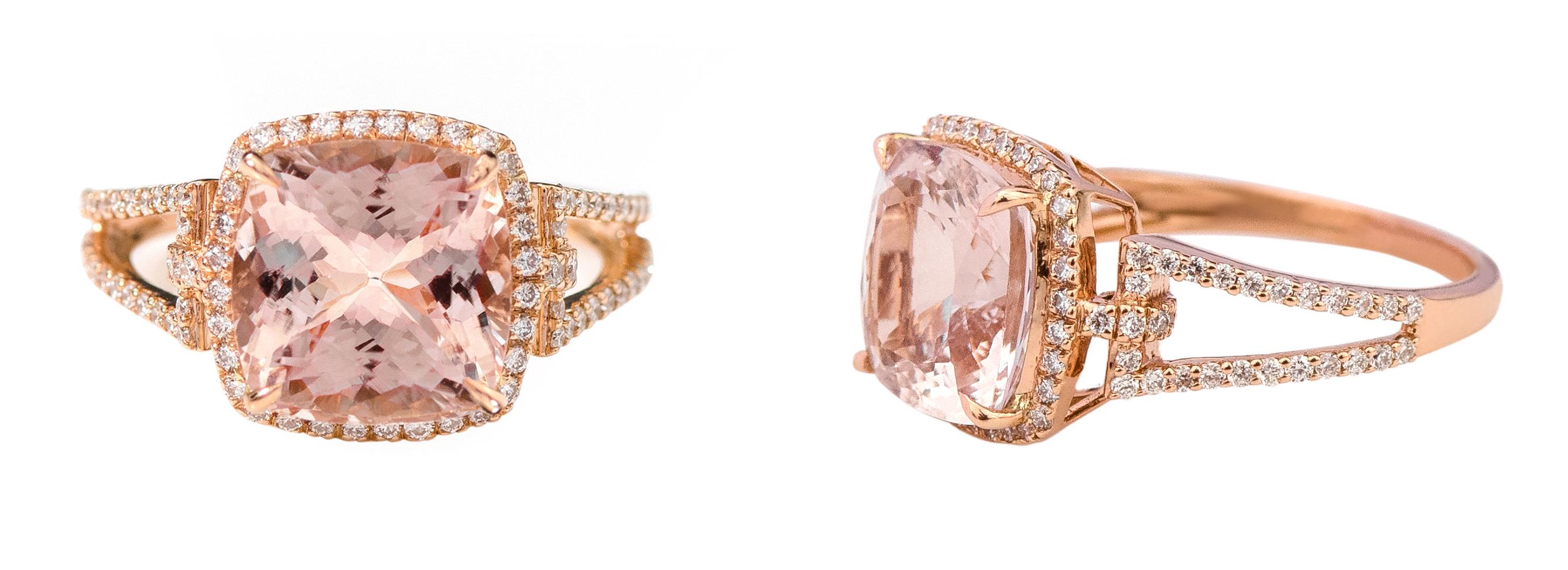 Modern 18Karat Rose Gold 4.05 Carat Cushion-Cut Pink Morganite and Diamond Cluster Ring For Sale