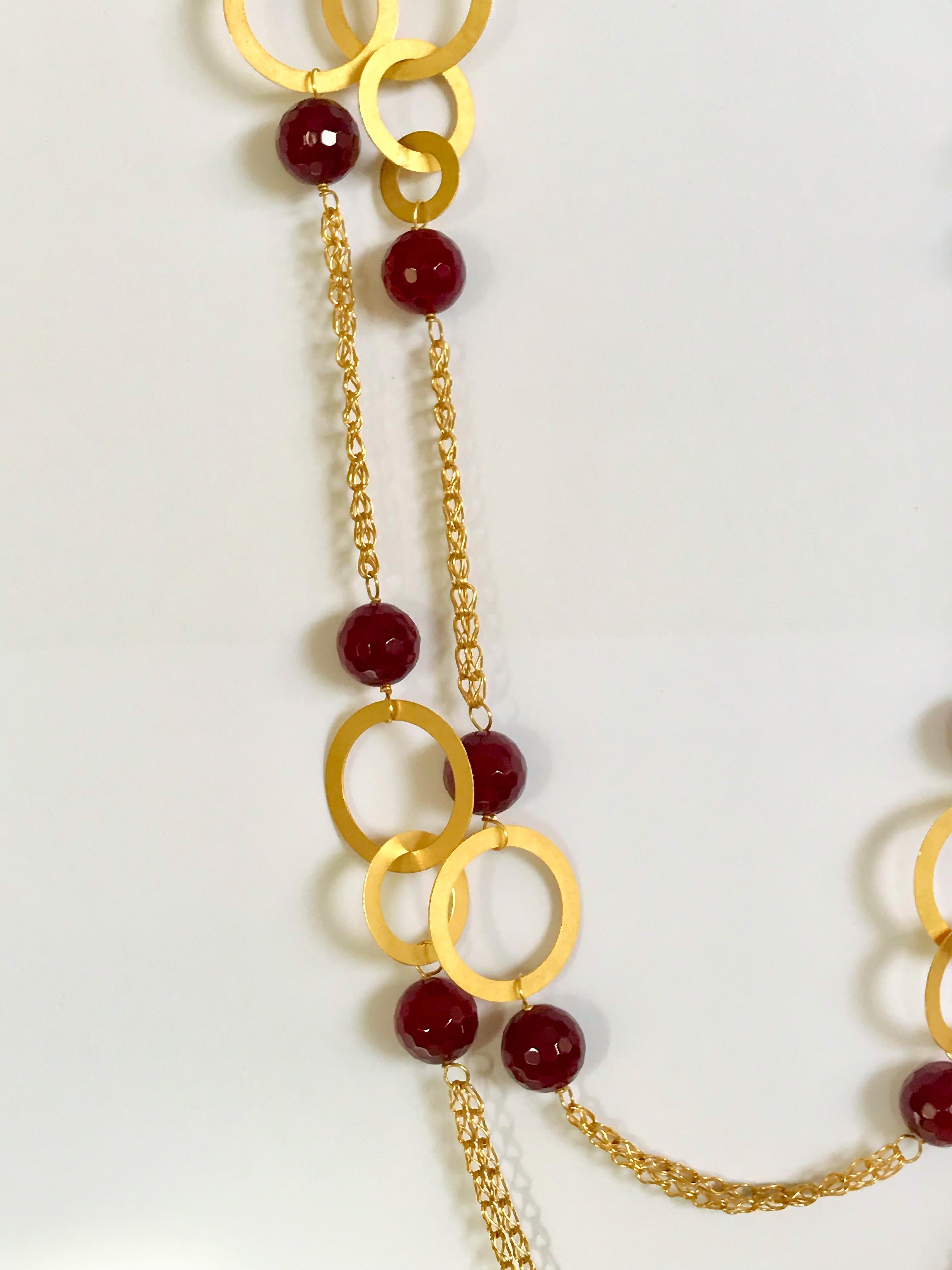 18 Karat Solid Yellow Gold Handmade Cranberry Agate Chain Necklace For Sale 5