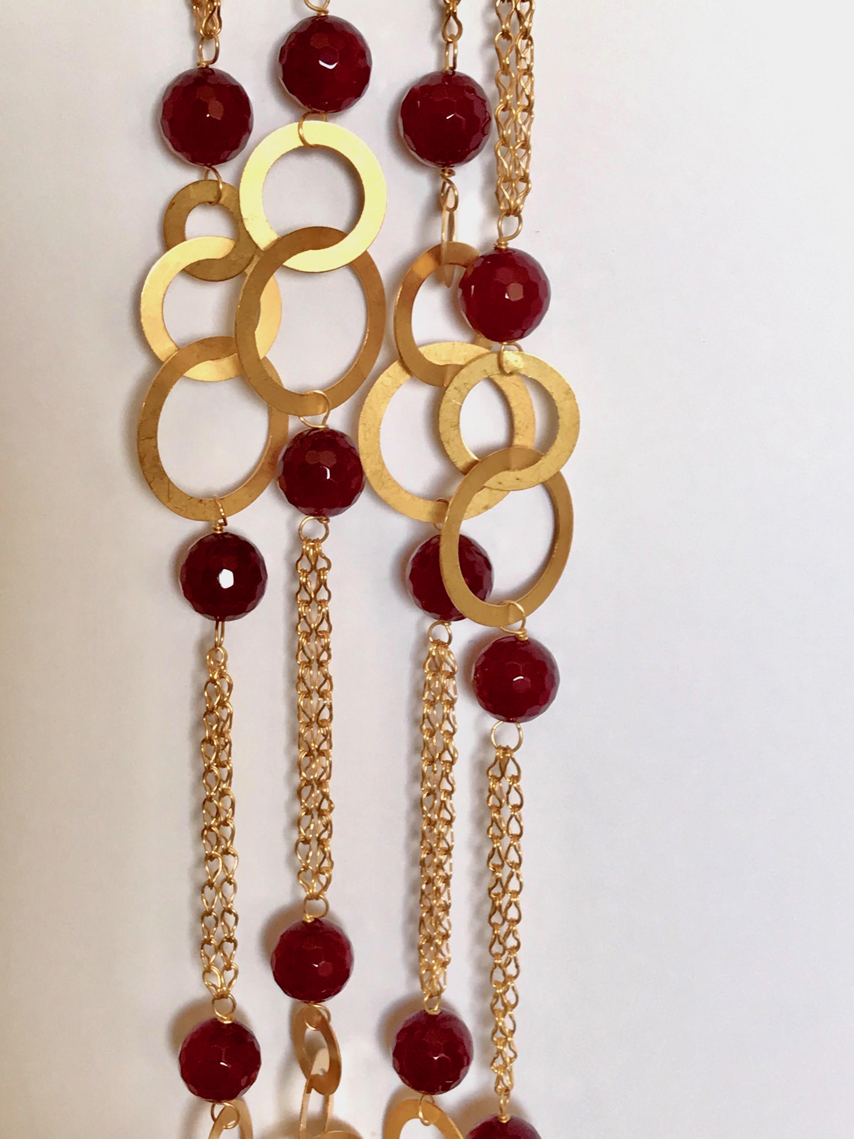 18 Karat Solid Yellow Gold Handmade Cranberry Agate Chain Necklace For Sale 7