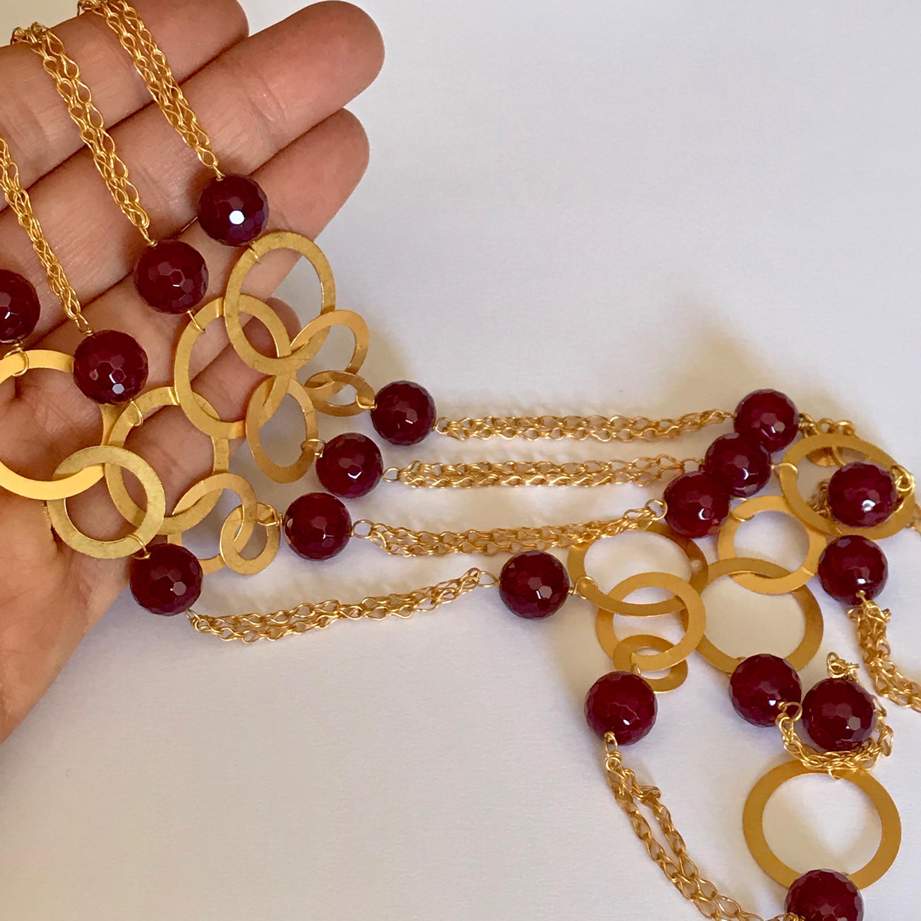 18 Karat Solid Yellow Gold Handmade Cranberry Agate Chain Necklace For Sale 2