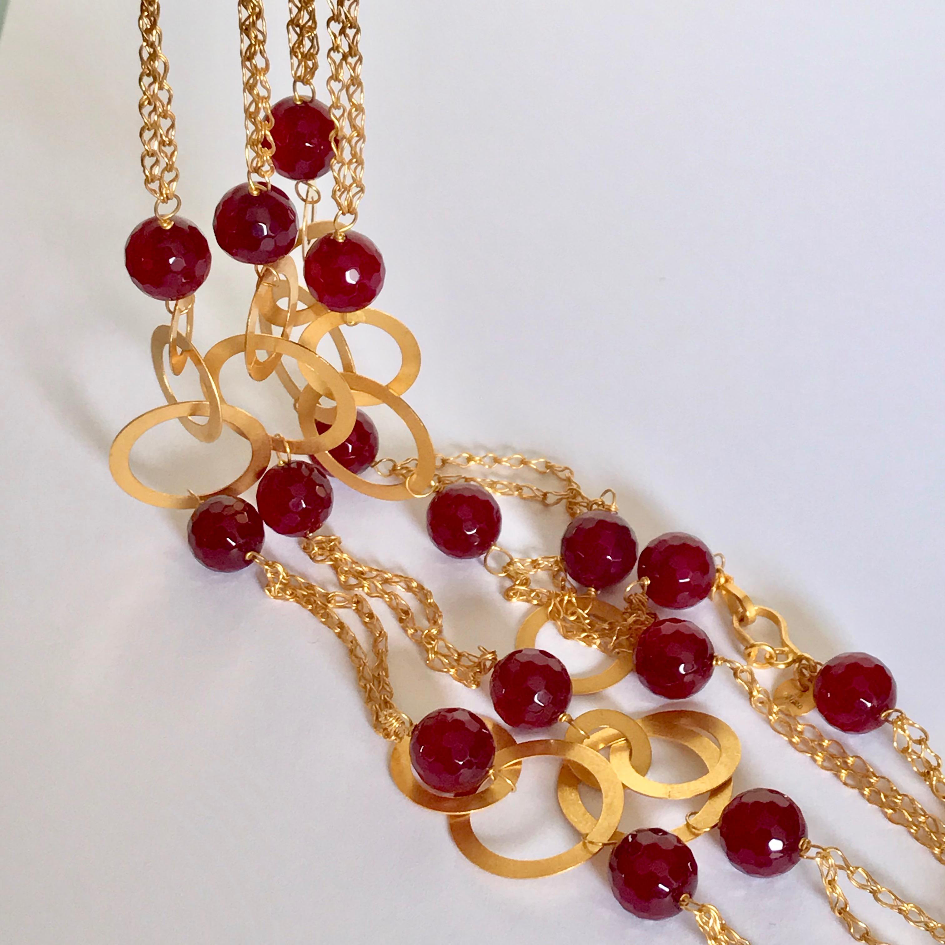 18 Karat Solid Yellow Gold Handmade Cranberry Agate Chain Necklace For Sale 3