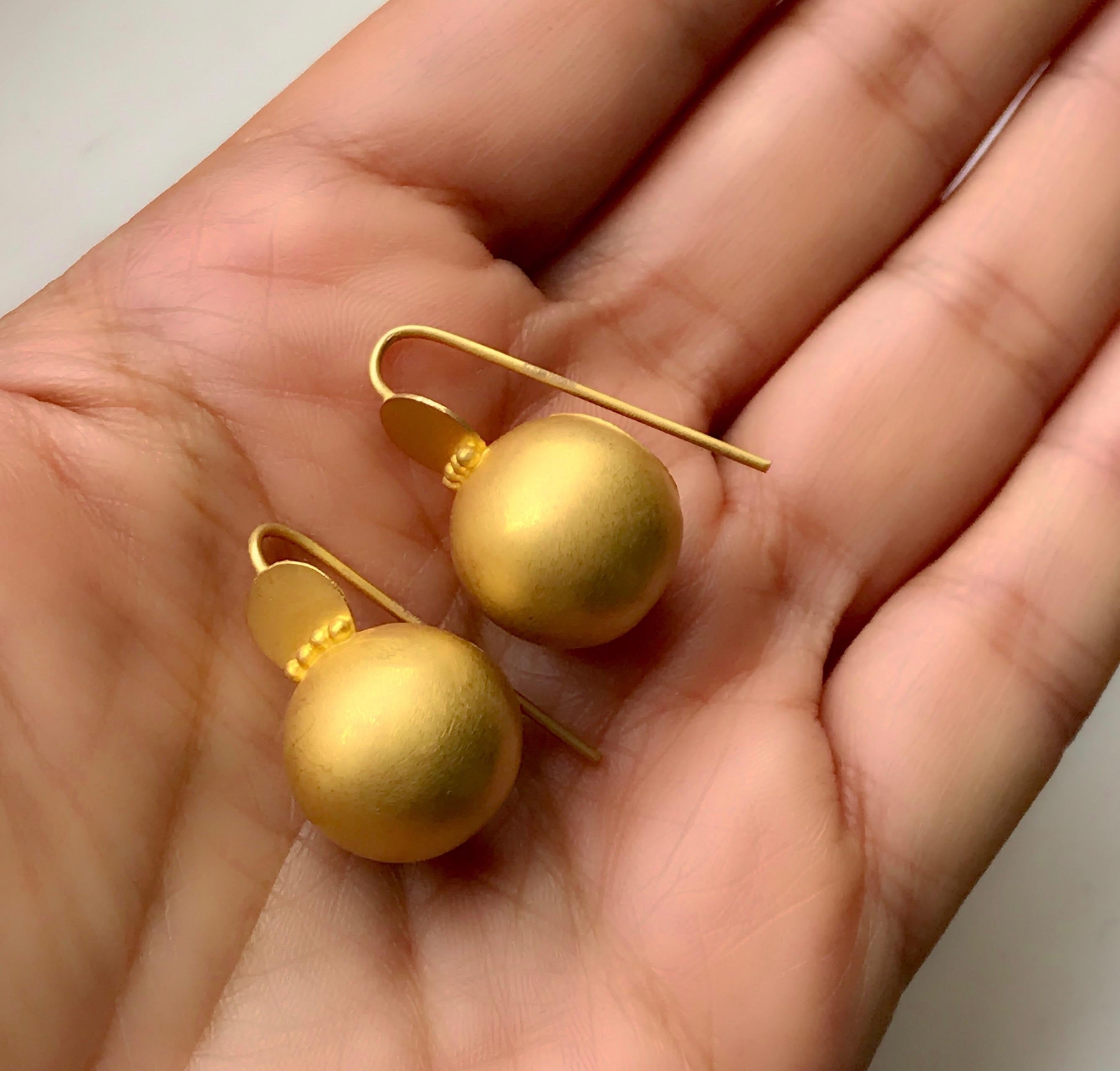 Women's 18 Karat Solid Yellow Gold Handmade Satin Finish Hook Drop Earrings