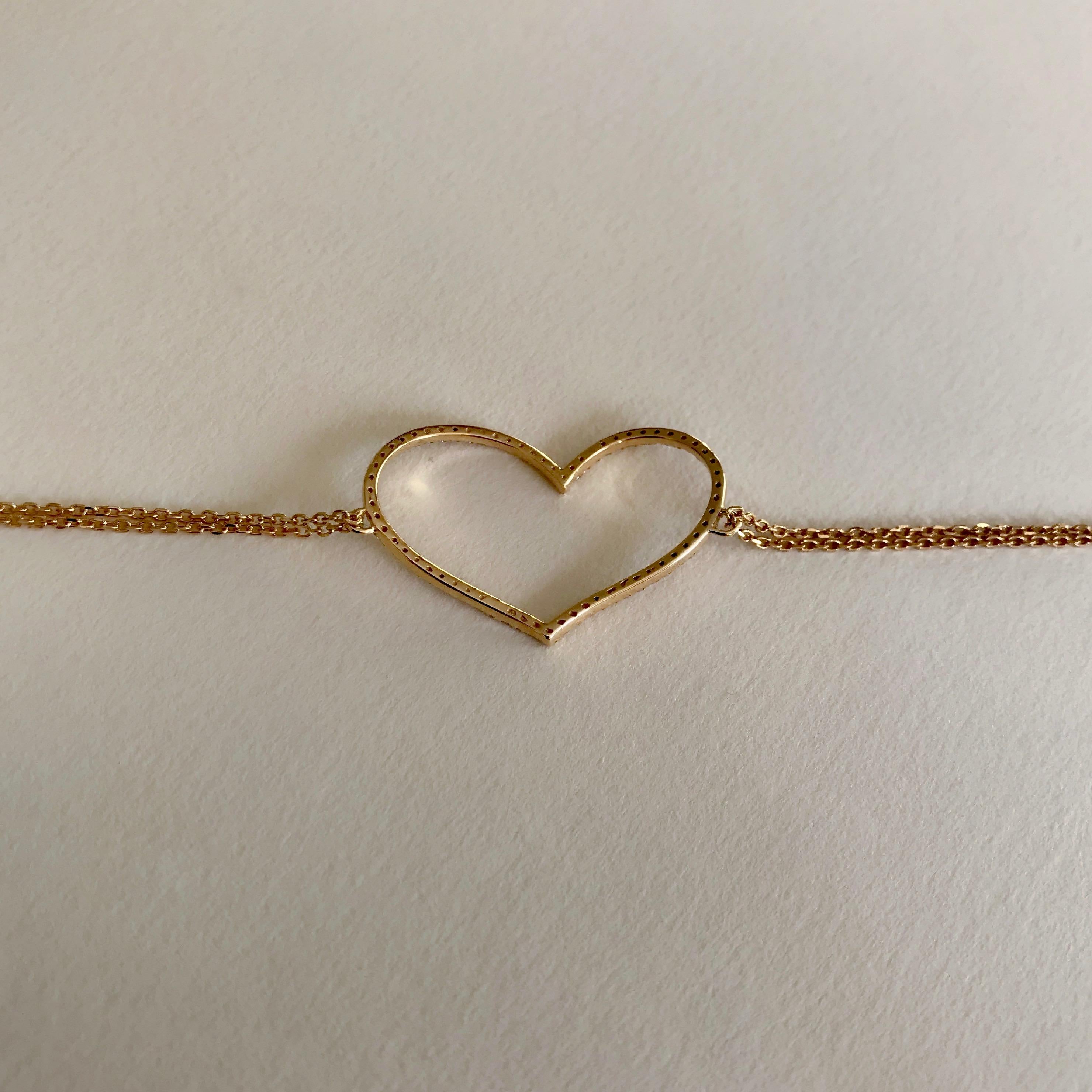 Women's White Diamond 18 Karat Solid Yellow Gold Large Heart Bracelet Bangle For Sale