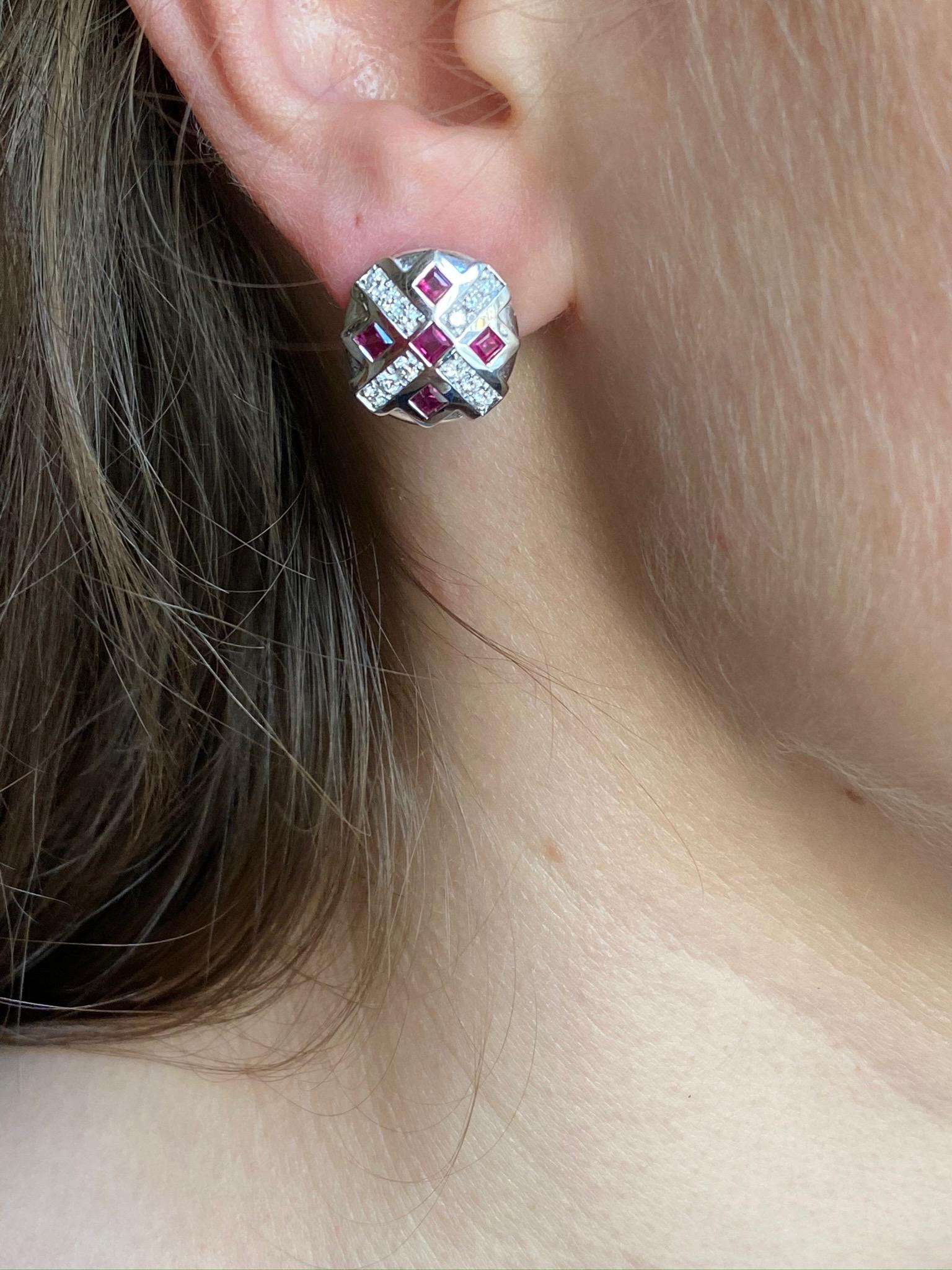 Capture the strategic elegance of chess with Rossella Ugolini's Handcrafted Clip-on Earrings in 18 karats white gold, adorned with 0.24 karat white diamonds (G color, VS1) and an option for a 1 karat ruby, catering to those without pierced lobes,
