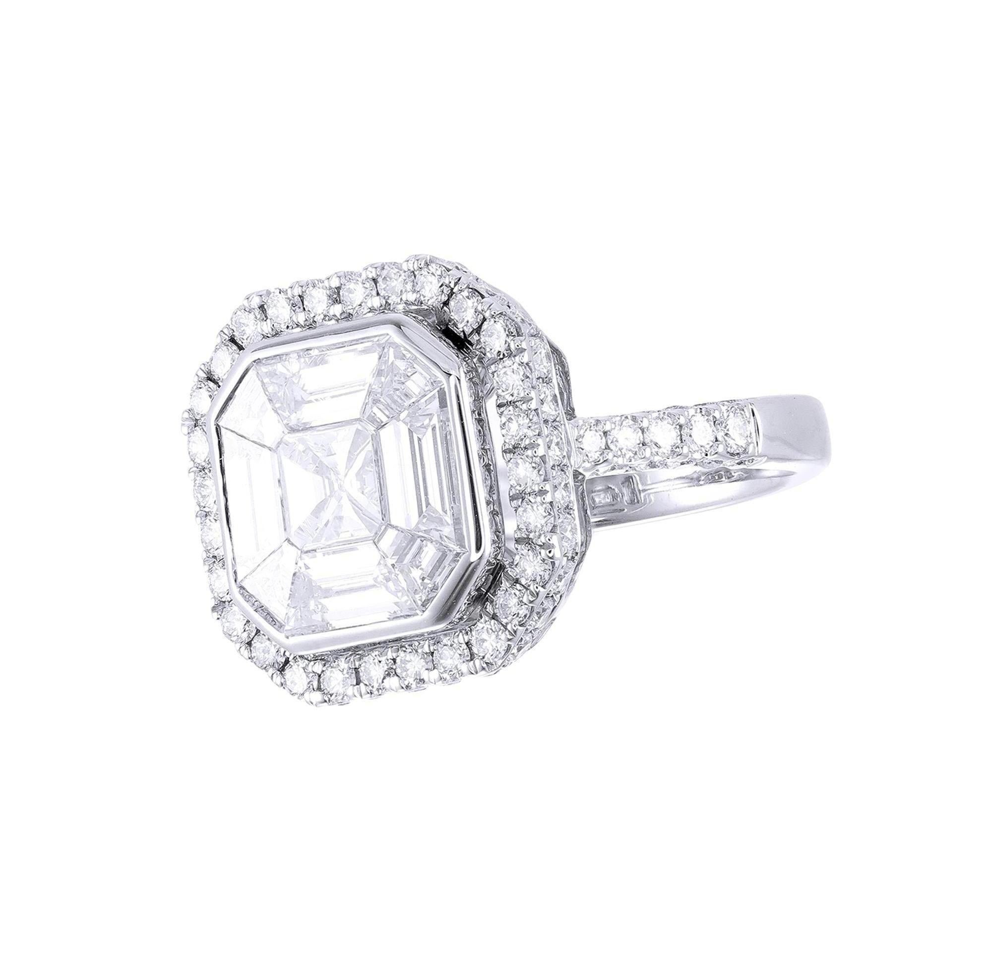 Emerald Cut 18 Karat White Gold Asscher Illusion Diamond Engagement Ring For Sale