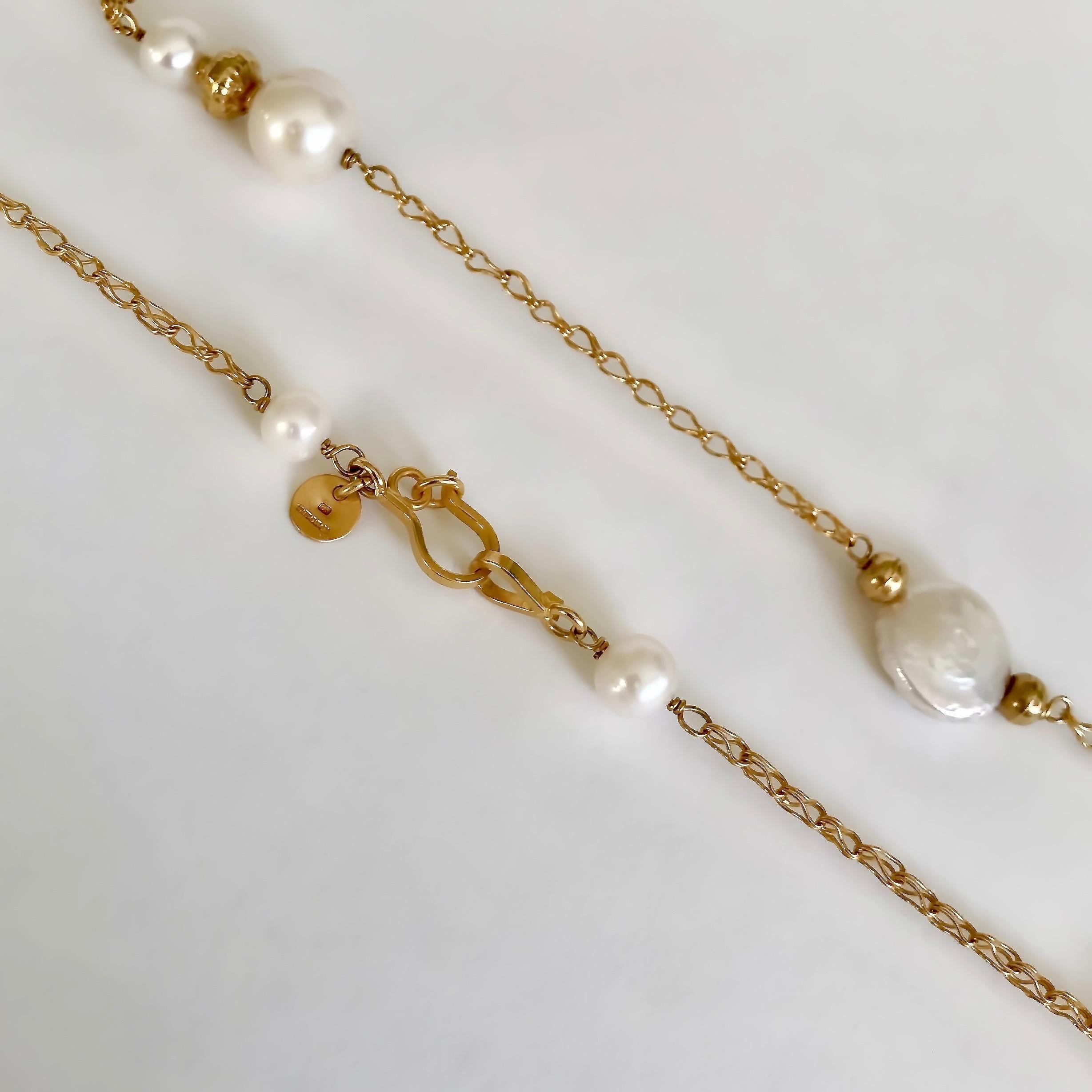 Women's 18 Karat Solid Yellow Gold Handmade Pearl Necklace For Sale