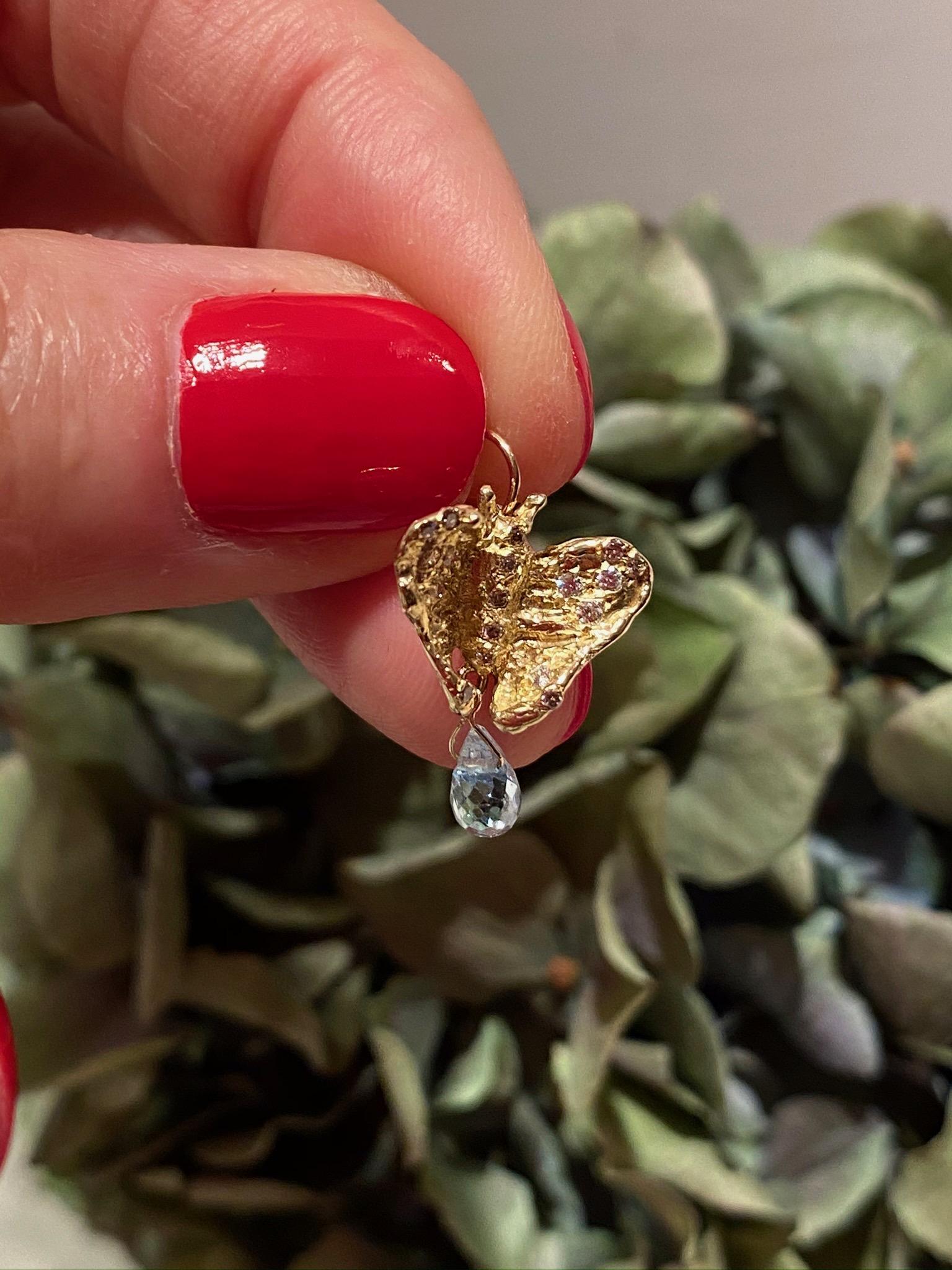 Butterfly Necklace 0.80 Karat White Diamond 18 Karat Yellow Gold Aquamarine Drop For Sale 3