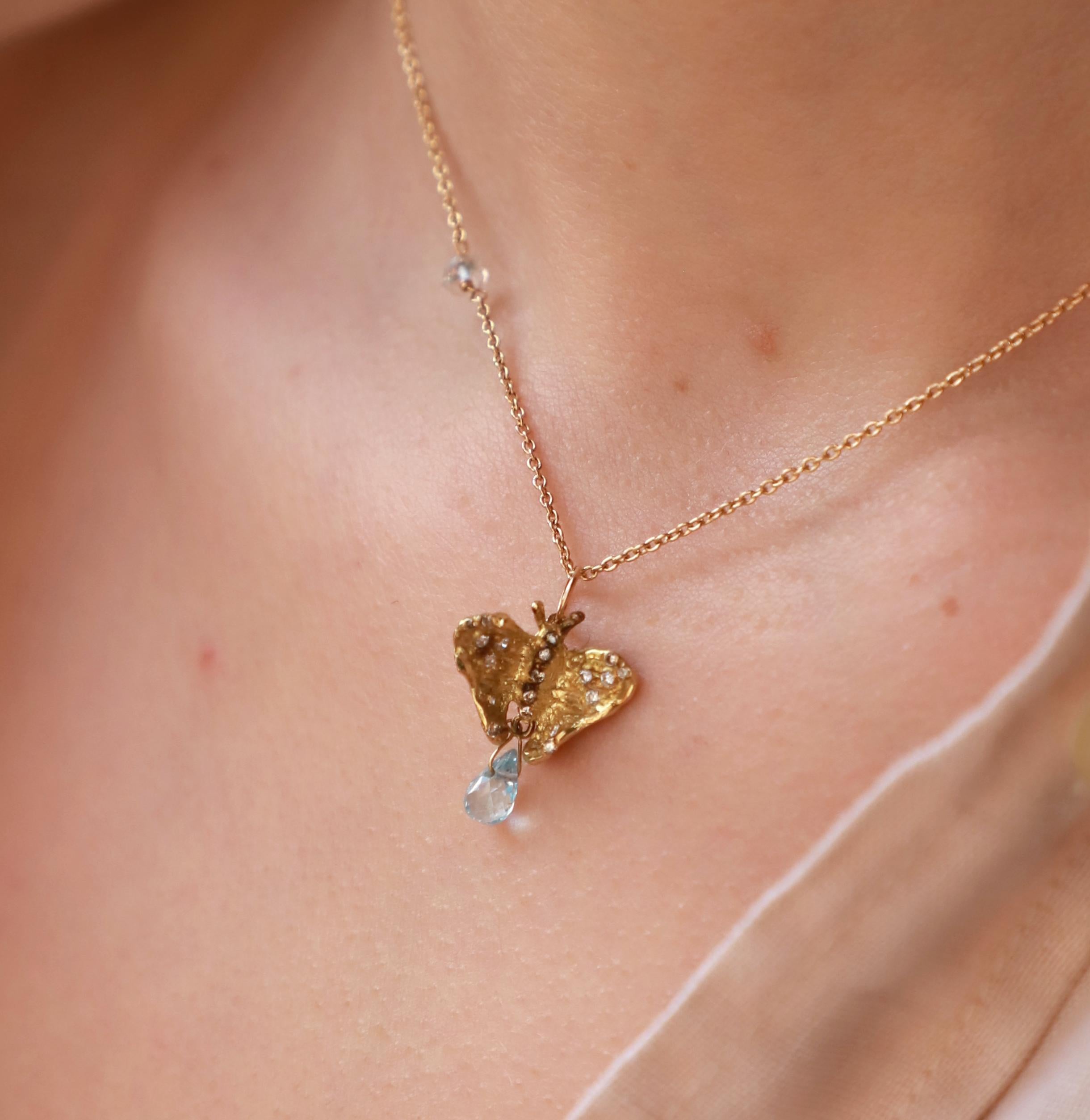Women's or Men's Butterfly Necklace 0.80 Karat White Diamond 18 Karat Yellow Gold Aquamarine Drop For Sale
