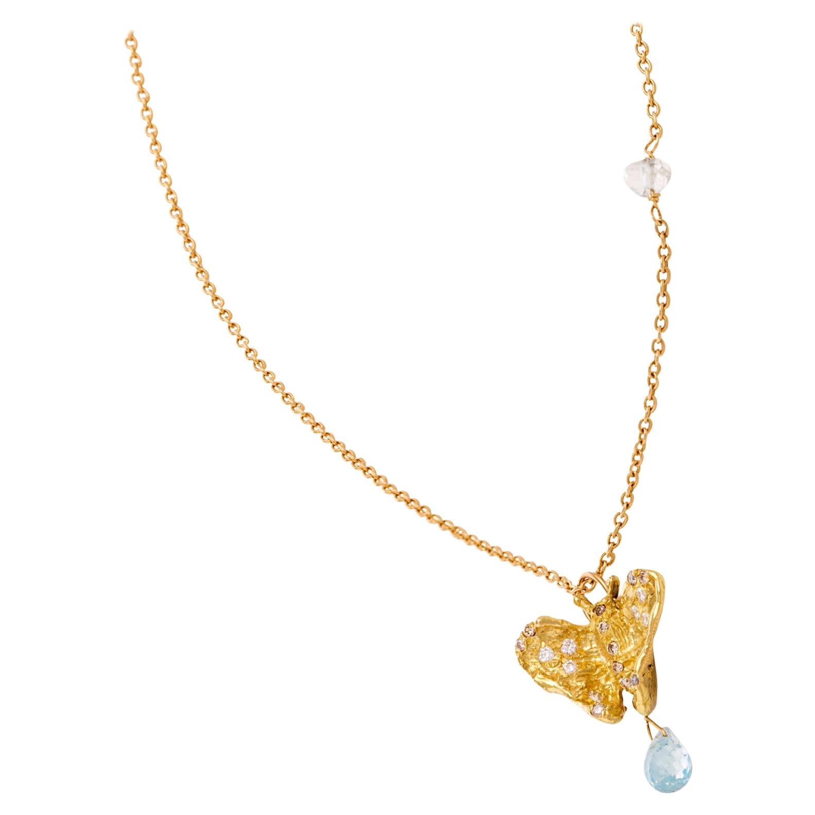 Butterfly Necklace 0.80 Karat White Diamond 18 Karat Yellow Gold Aquamarine Drop For Sale