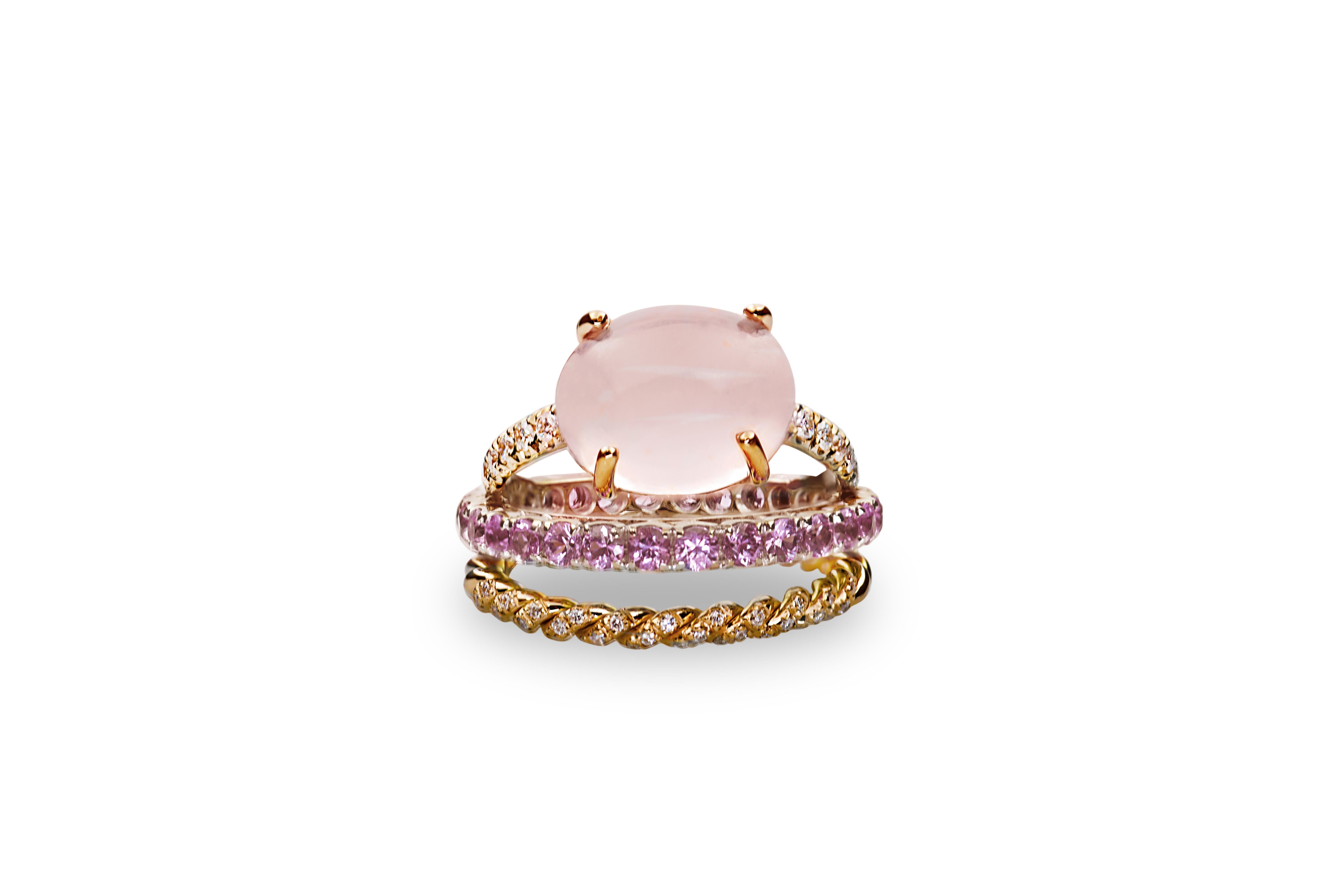  3 Karat Rose Sapphires 18 Karat Gold Pink Quartz 0.10 Karat White Diamonds Ring In New Condition For Sale In Rome, IT