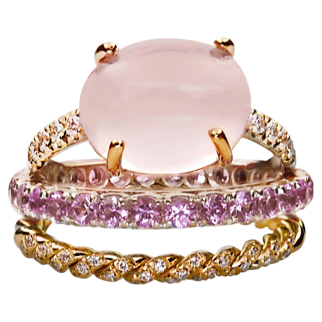  3 Karat Rose Sapphires 18 Karat Gold Pink Quartz 0.10 Karat White Diamonds Ring
