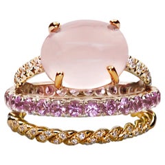  3 Karat Rose Sapphires 18 Karat Gold Pink Quartz 0.10 Karat White Diamonds Ring