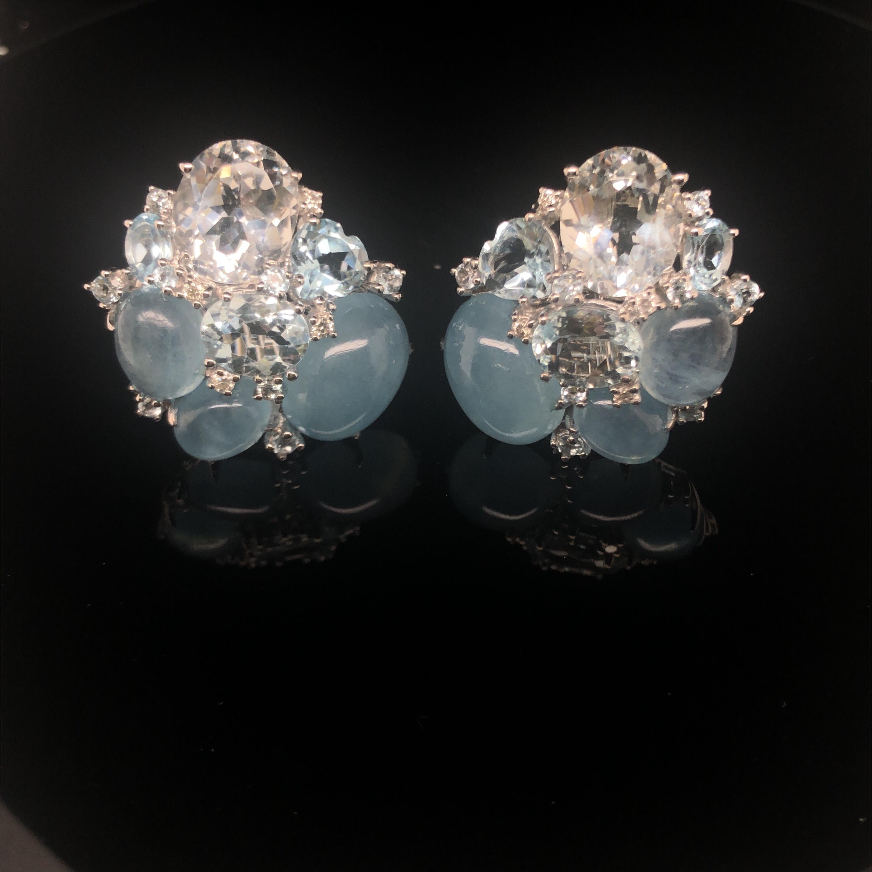 18KG Aquamarine and Diamond Cluster Earclips For Sale 3