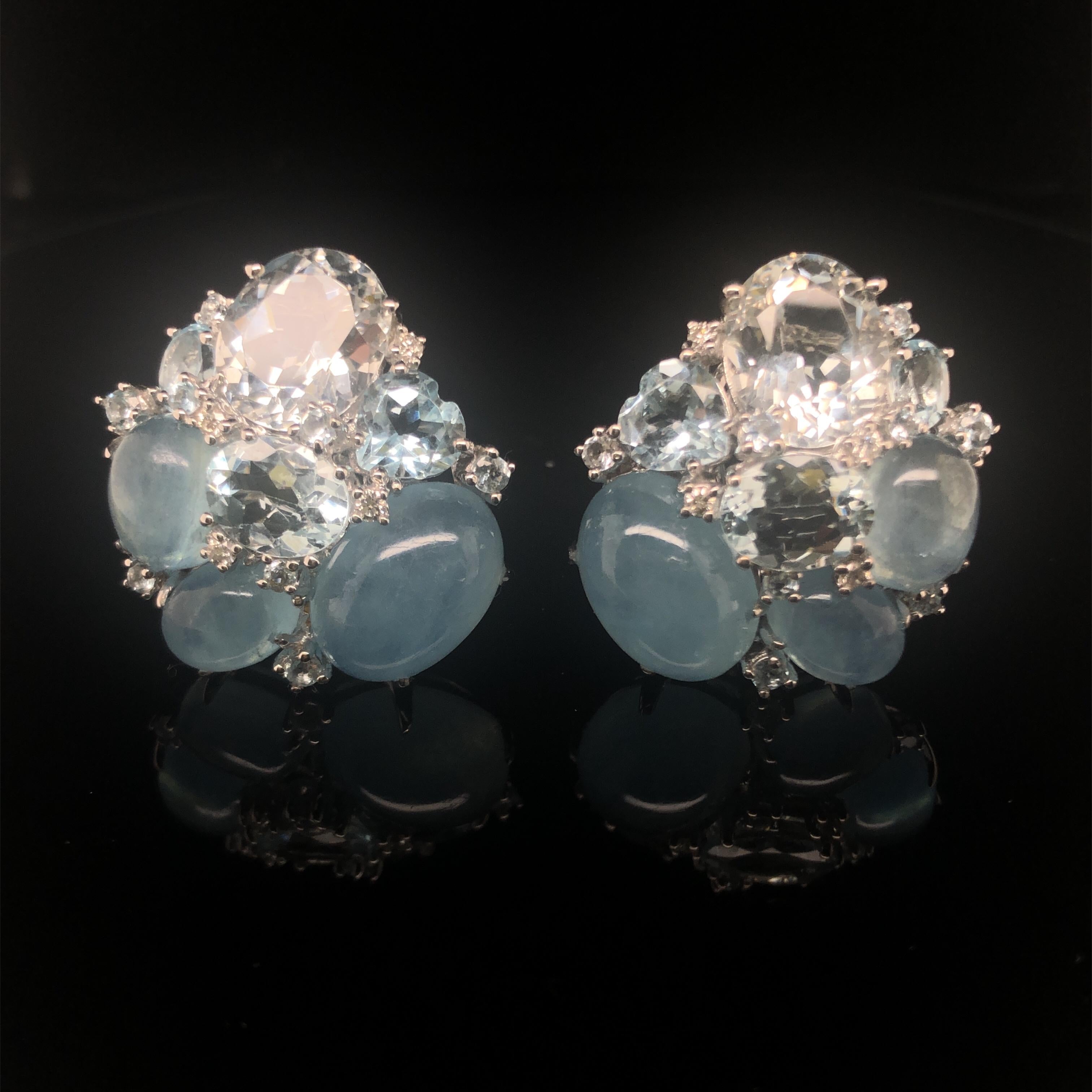 18KG Aquamarine and Diamond Cluster Earclips For Sale 4