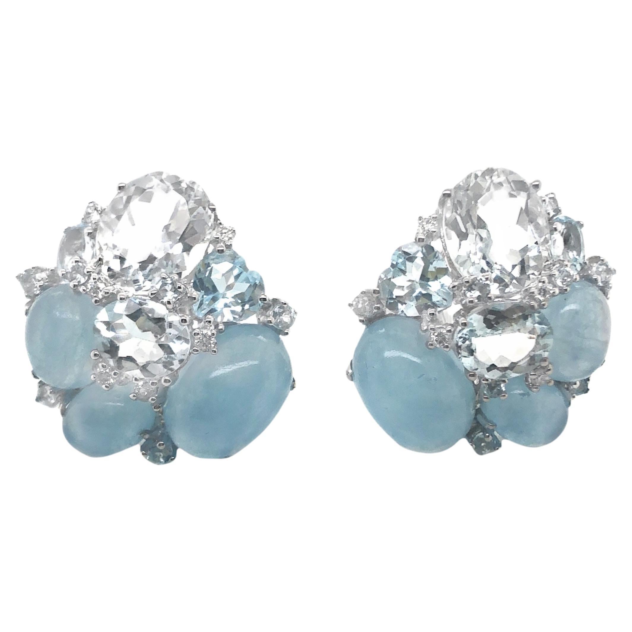 18KG Aquamarine and Diamond Cluster Earclips For Sale