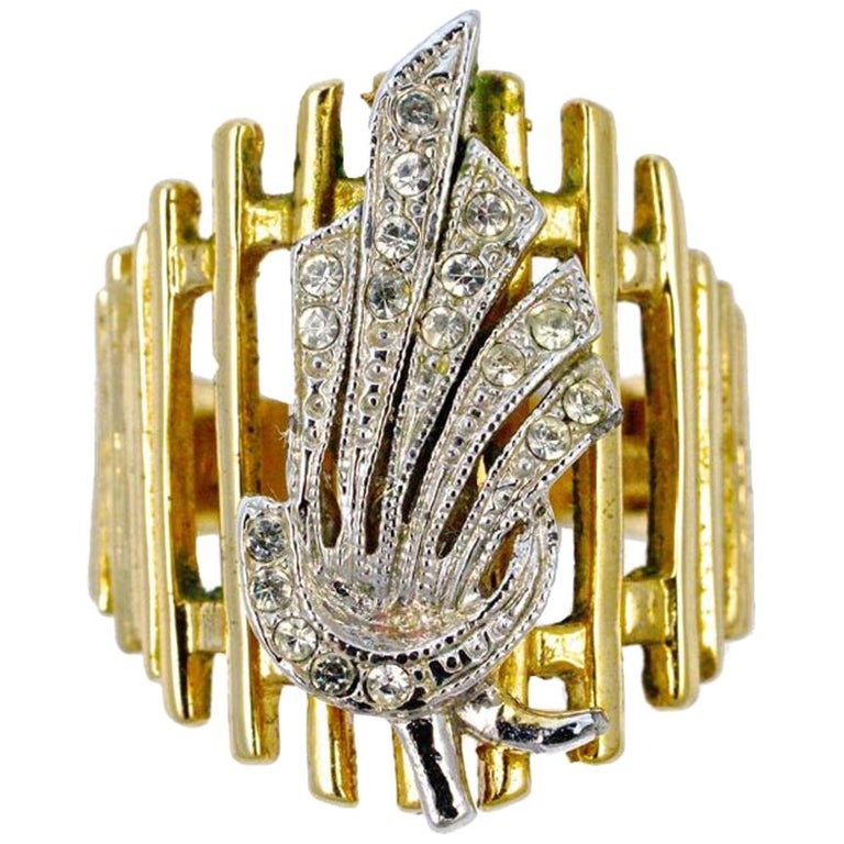 18KGE Gold Electroplate and Clear Rhinestone Floral Statement Ring at