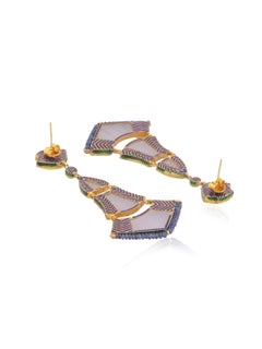 18k Gold Chandelier Earrings with Diamonds, Carved Chalcedony and Sapphire Beads