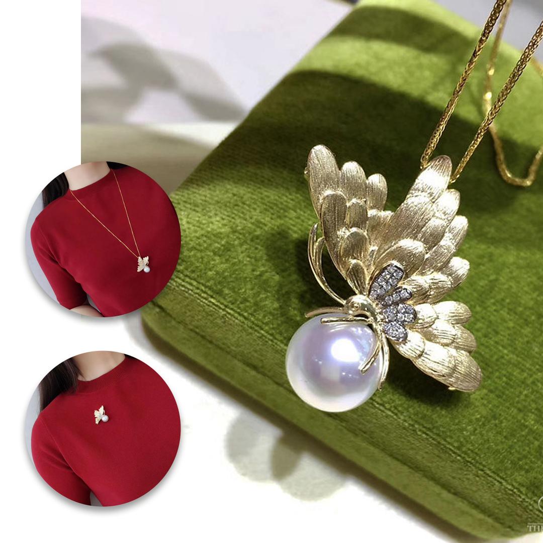 Uncut 【Vine Symphony】Convertible Gilded Wings South Sea Pearl & Diamond Brooch Pendant For Sale