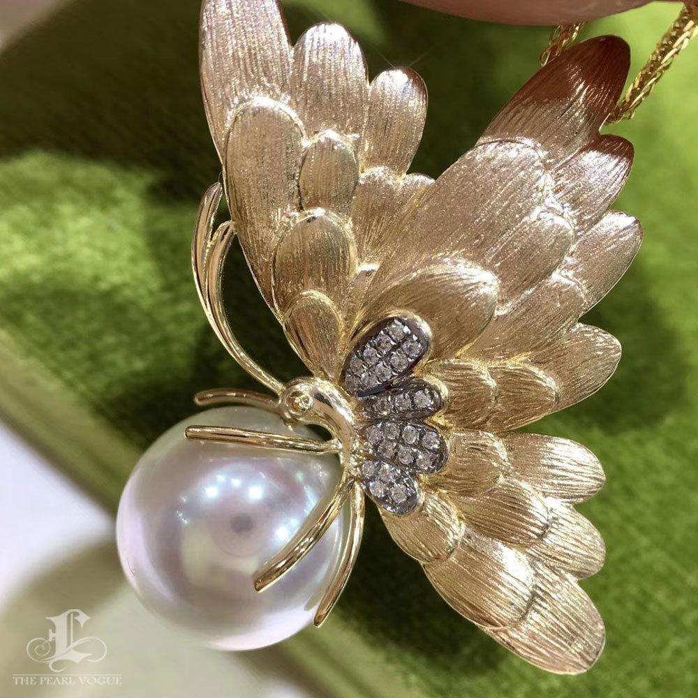 Women's 【Vine Symphony】Convertible Gilded Wings South Sea Pearl & Diamond Brooch Pendant For Sale