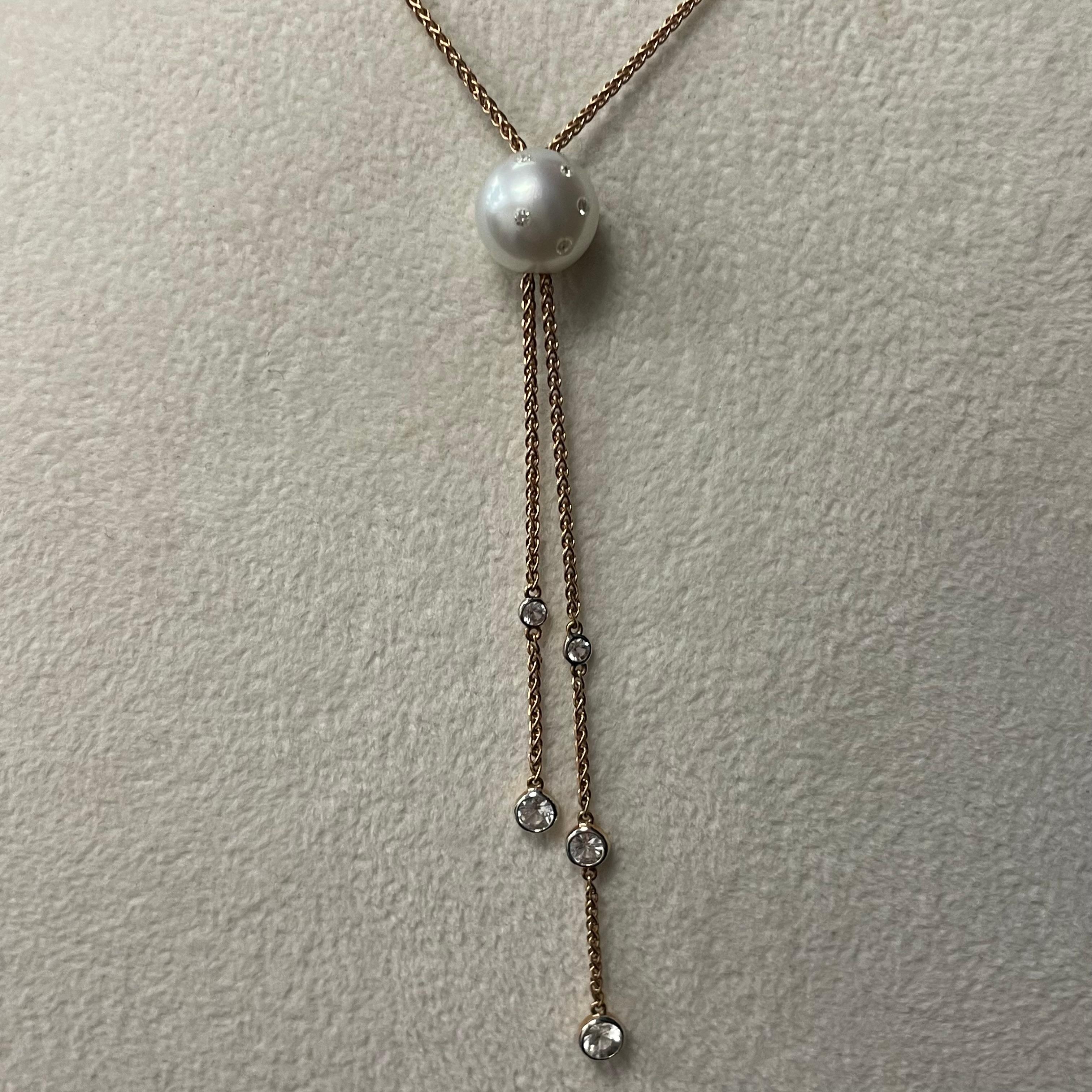 Modern 18KR Gold Freshwater Pearl with Diamond by The Yard Style Dangle Drop Necklace For Sale