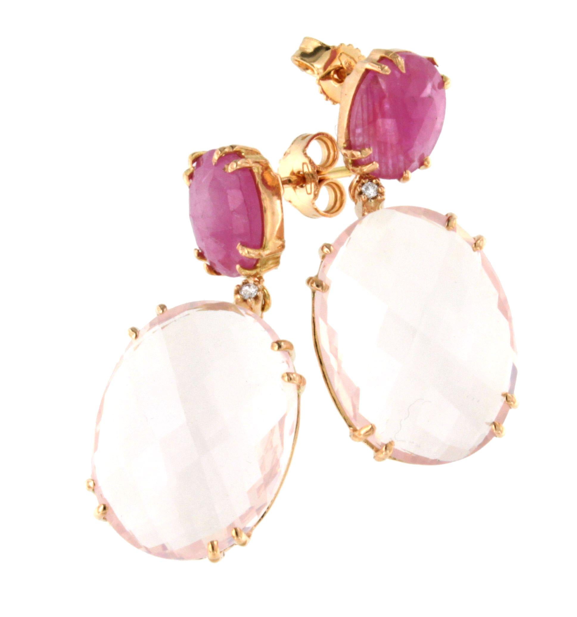 Modern 18kt  14Kt Gold With Pink Quartz Pink Sapphires White Diamonds Amazing Earrings  For Sale