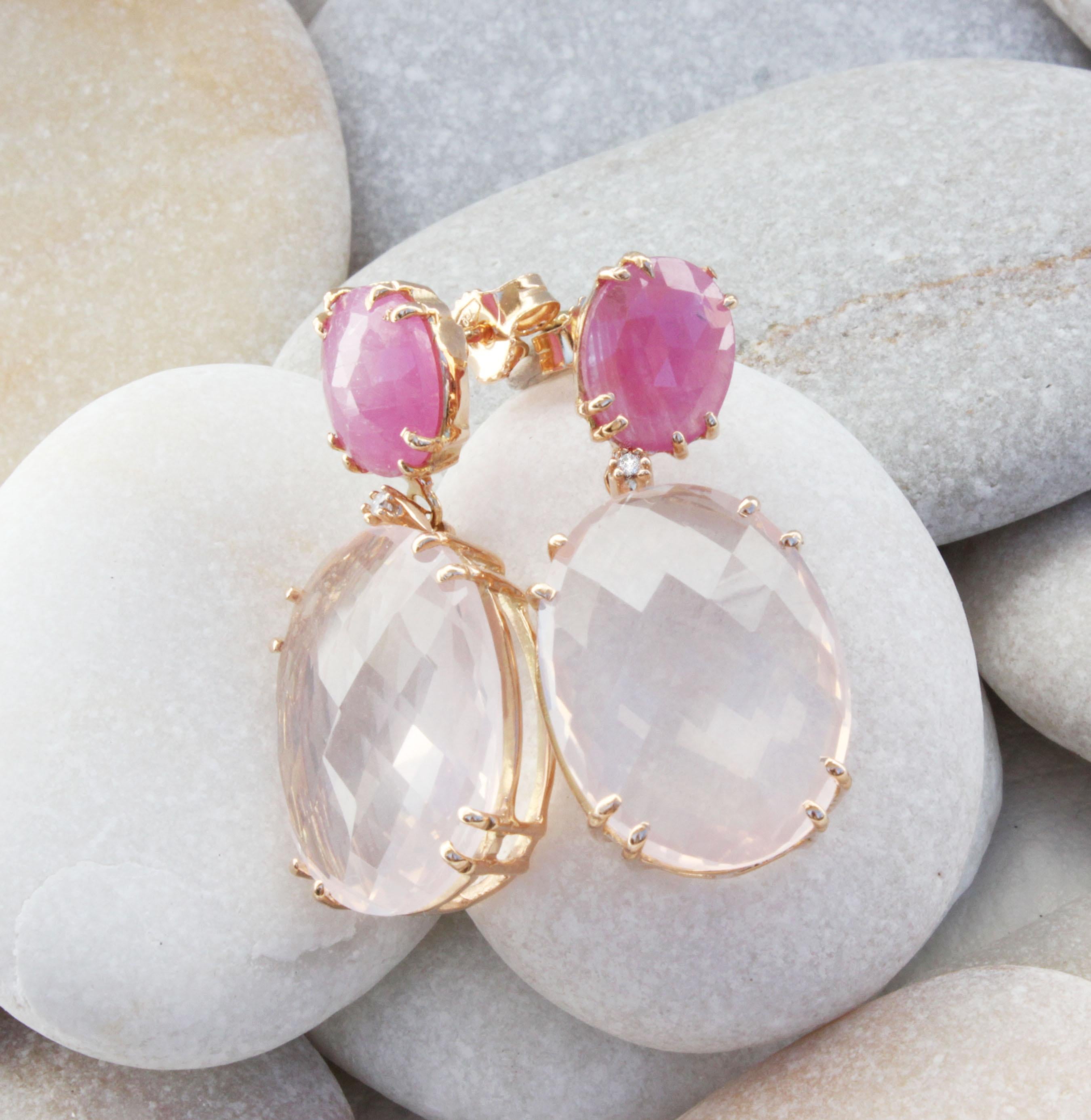 Oval Cut 18kt  14Kt Gold With Pink Quartz Pink Sapphires White Diamonds Amazing Earrings  For Sale