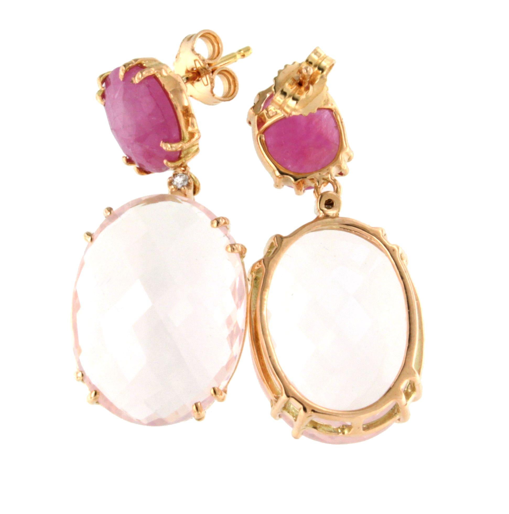 18kt  Orecchini in oro 14Kt con quarzo rosa e zaffiri rosa e diamanti bianchi In condizioni Nuovo in vendita a GALLARATE, IT