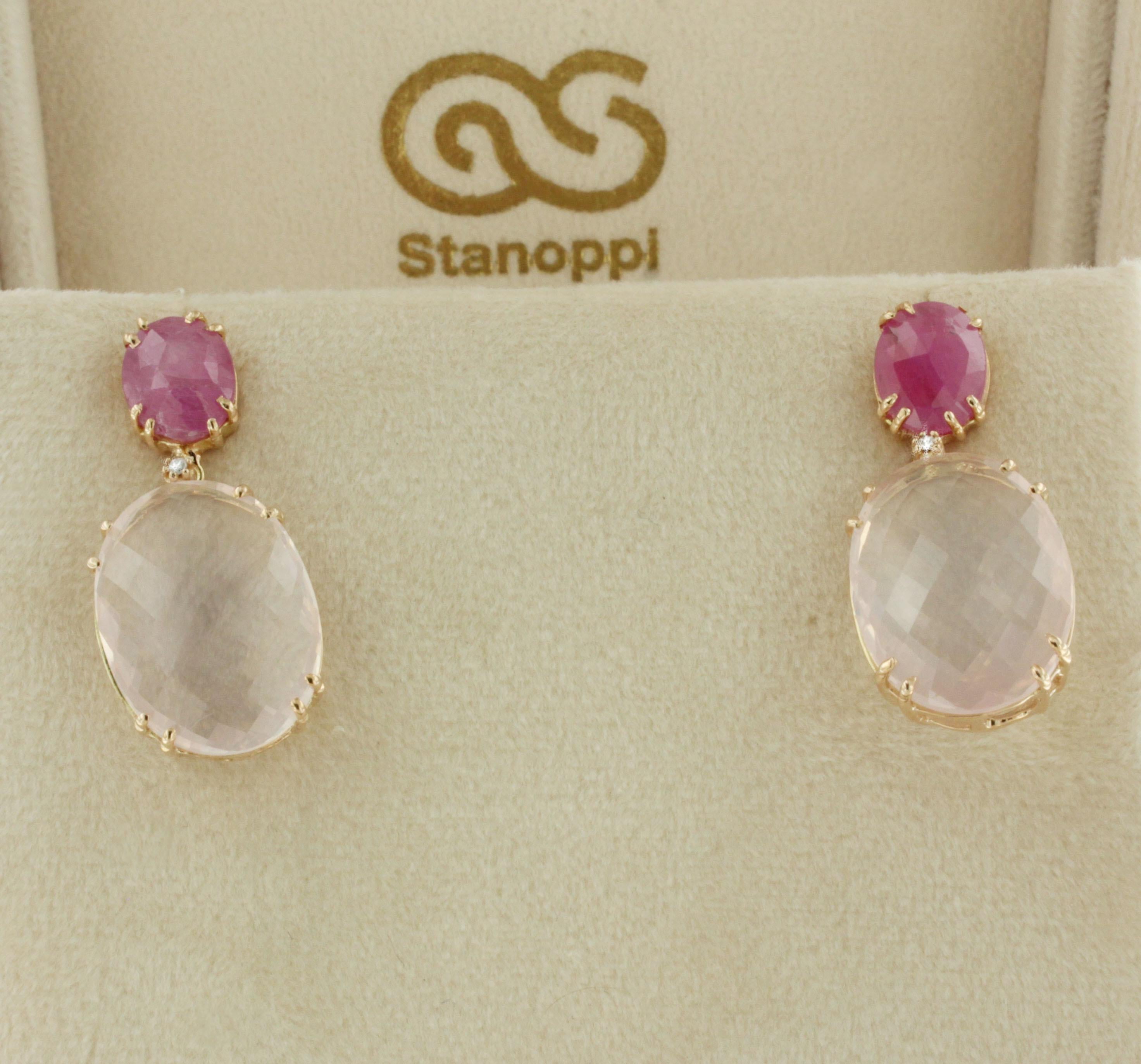 Women's or Men's 18kt  14Kt Gold With Pink Quartz Pink Sapphires White Diamonds Amazing Earrings  For Sale