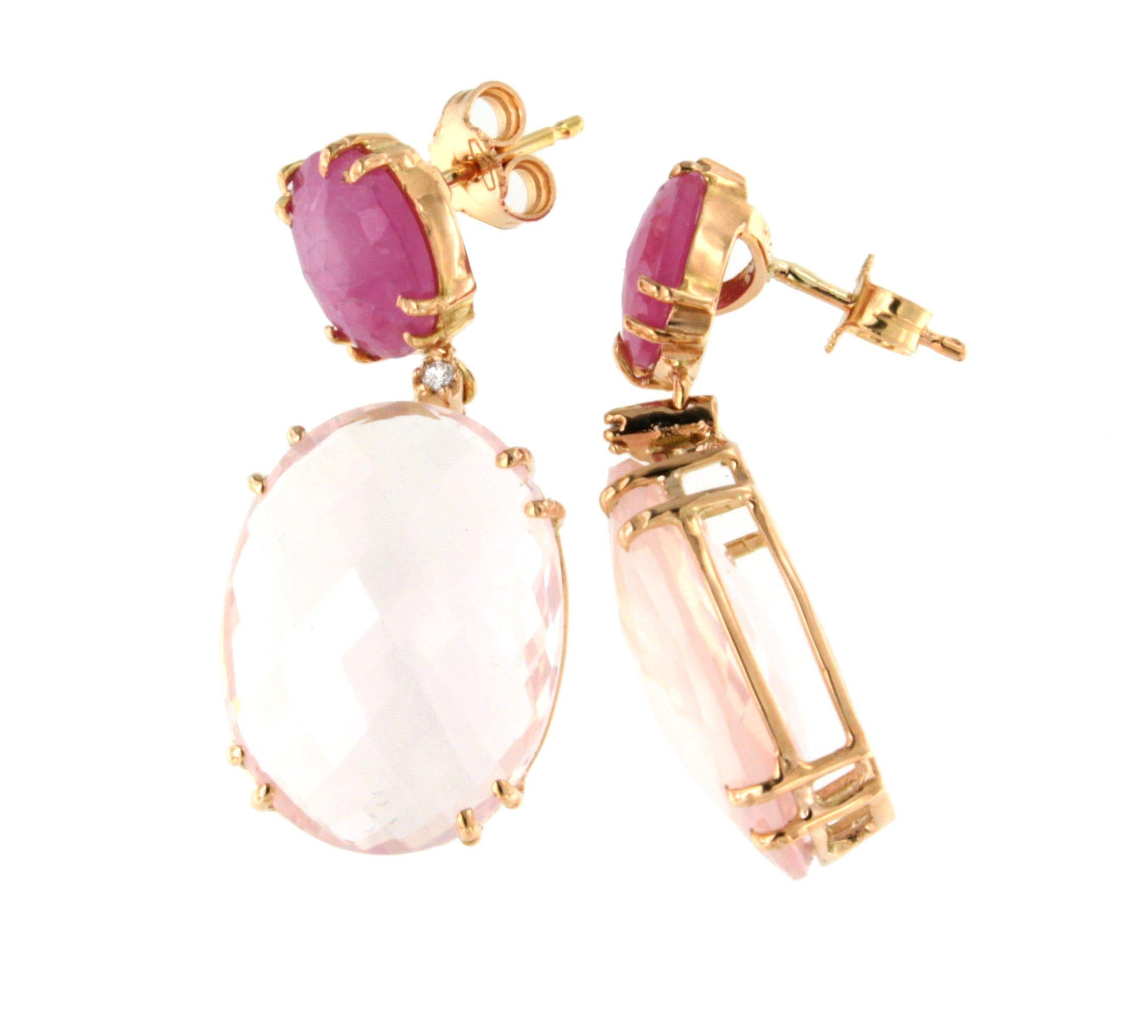 18kt  14Kt Gold With Pink Quartz Pink Sapphires White Diamonds Amazing Earrings  For Sale 1