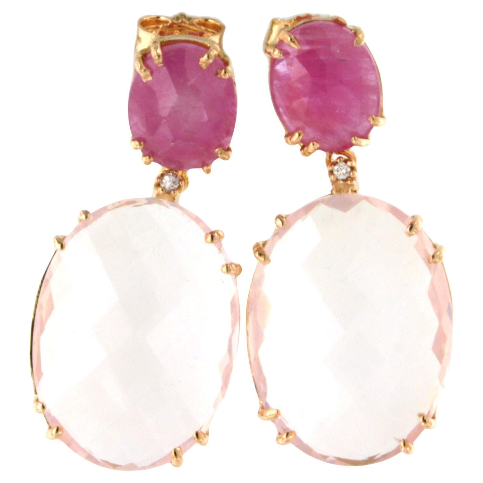 18kt  14Kt Gold With Pink Quartz Pink Sapphires White Diamonds Amazing Earrings 