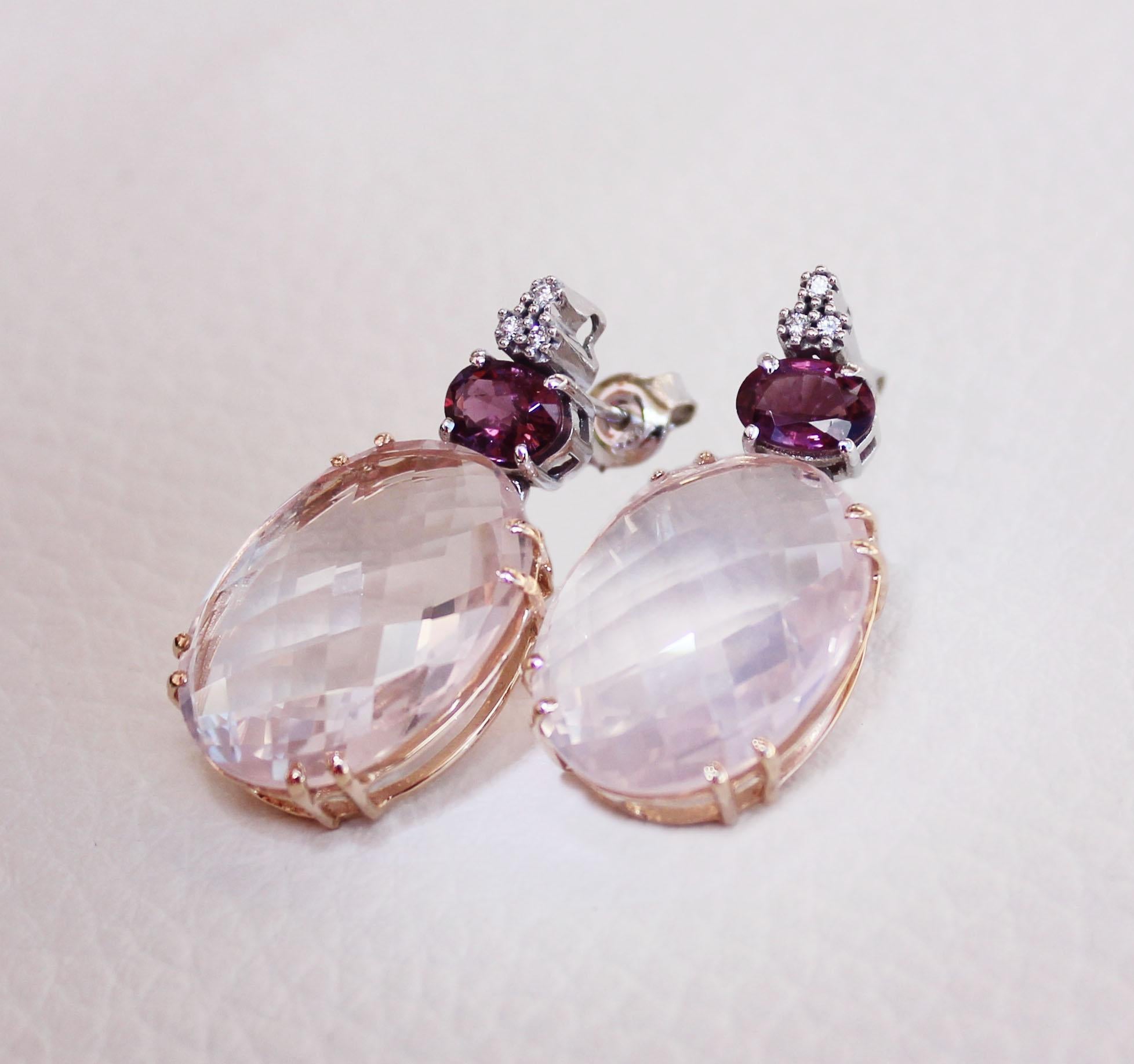 Earrings in white rose gold with natural stones : Pink Quartz , Pink tourmaline and white diamonds 
A perfect mix of colors. natural stone earrings, brilliant, transparent, intense colors that illuminate your face, for the person who wants to get