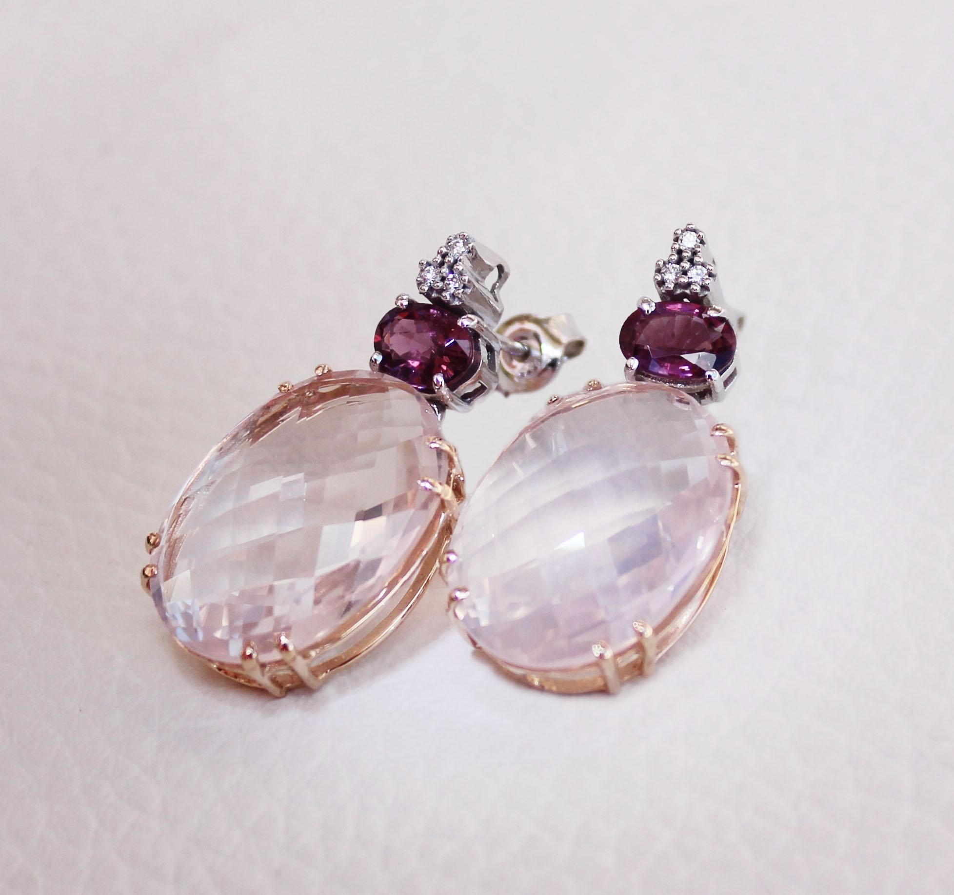 Orecchini in oro rosa bianco con pietre naturali: quarzo rosa, tormalina rosa e diamanti bianchi 
Un mix perfetto di colori. Orecchini in pietra naturale, brillanti, trasparenti, dai colori intensi che illuminano il tuo viso, per la persona che