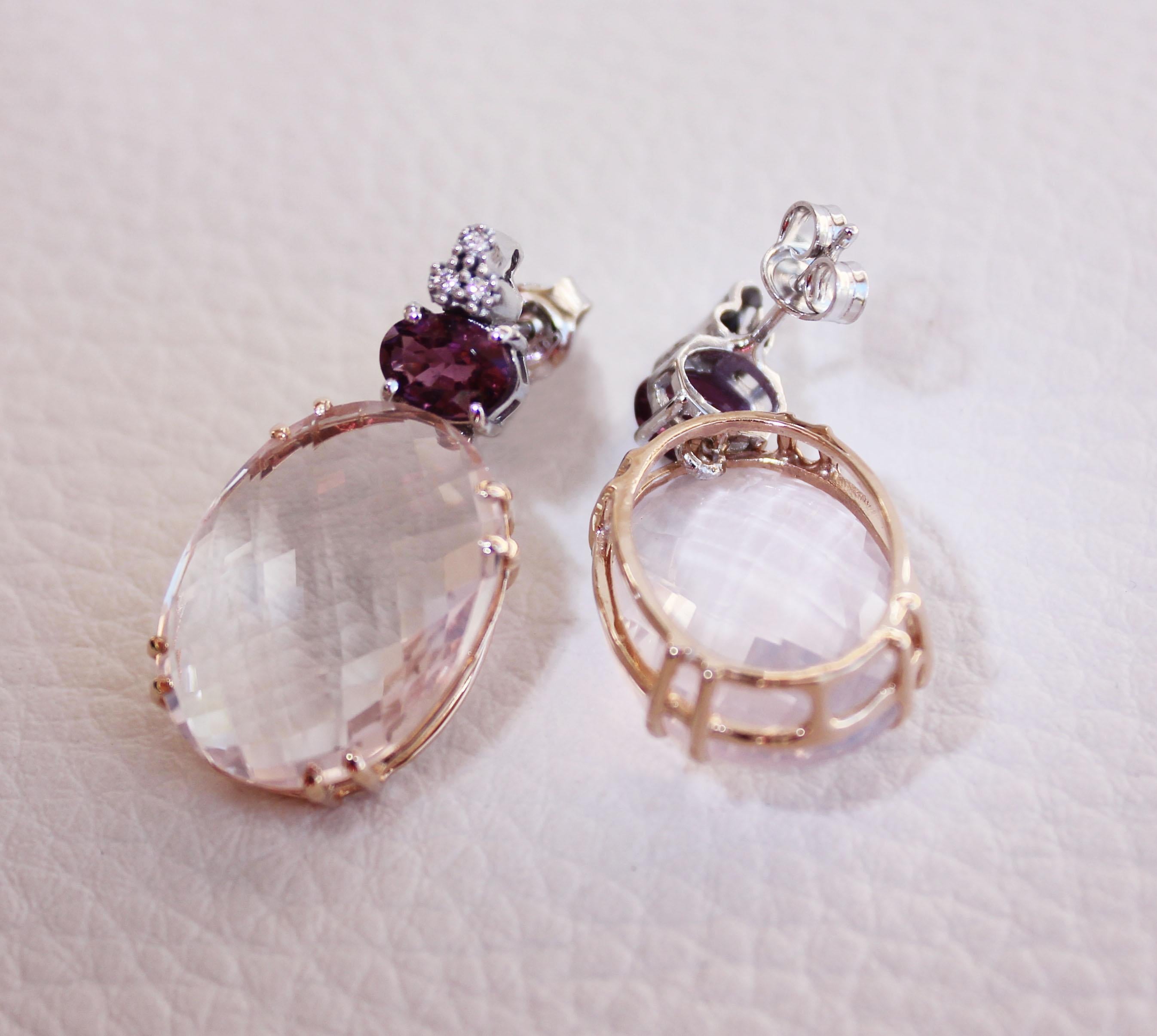 Modern 18kt 14Kt Gold With Pink Quartz Pink Tourmaline White Diamonds Amazing Earrings For Sale