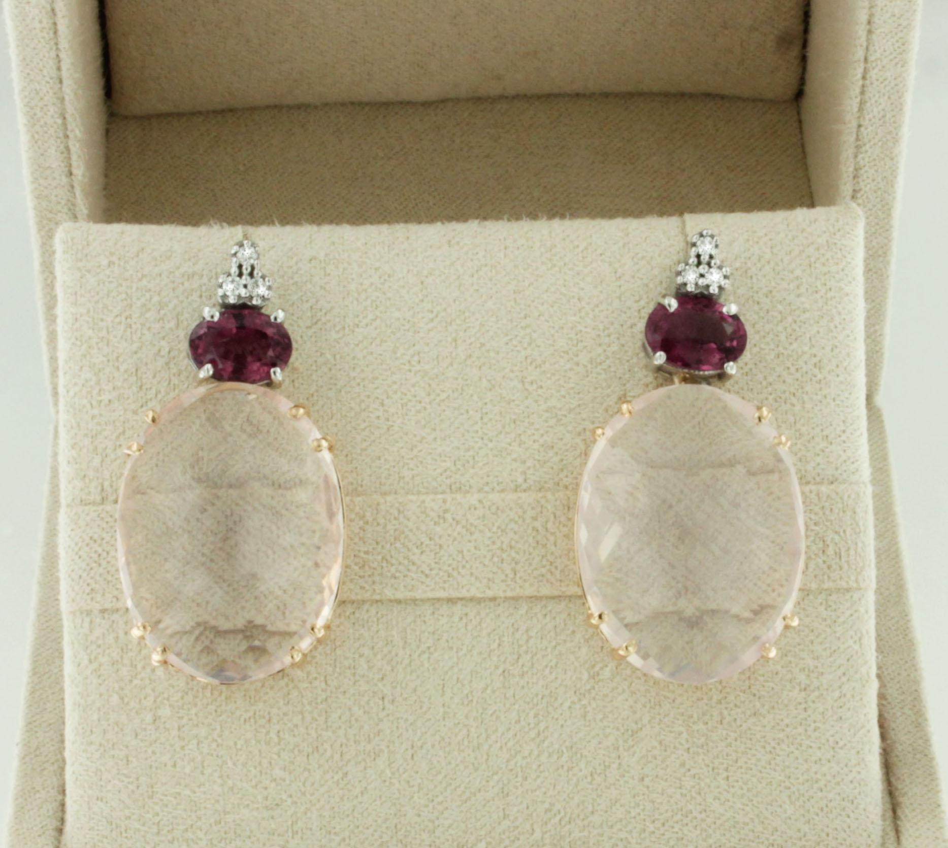 Oval Cut 18kt 14Kt Gold With Pink Quartz Pink Tourmaline White Diamonds Amazing Earrings For Sale