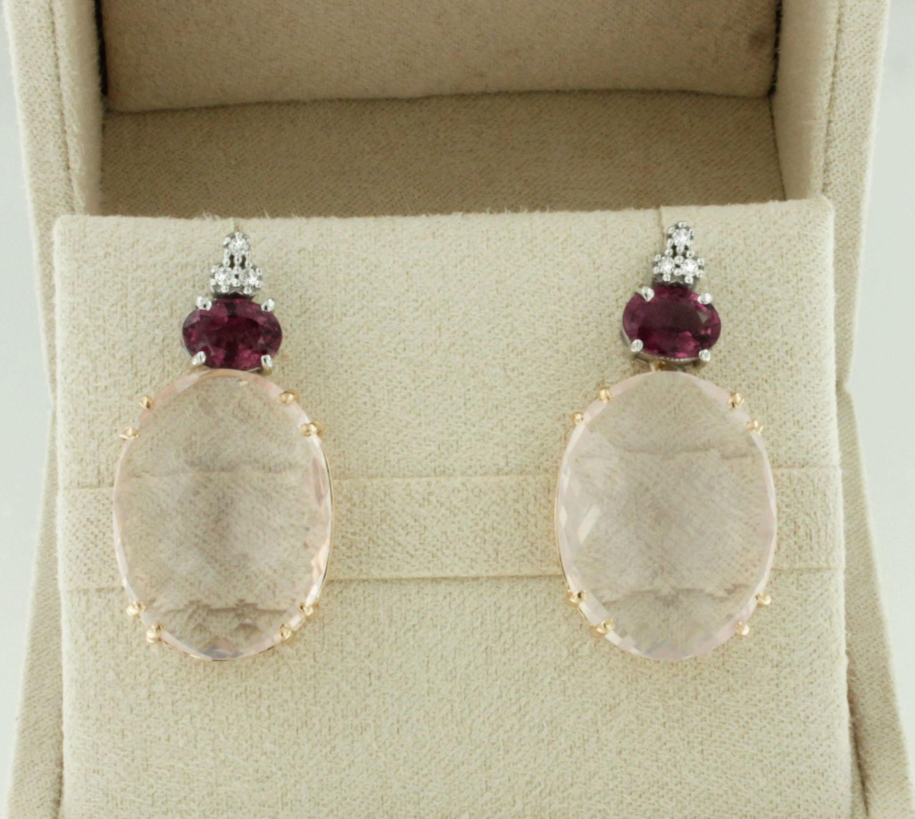 Taglio ovale Orecchini in oro 18kt 14Kt con quarzo rosa e tormalina rosa e diamanti bianchi in vendita