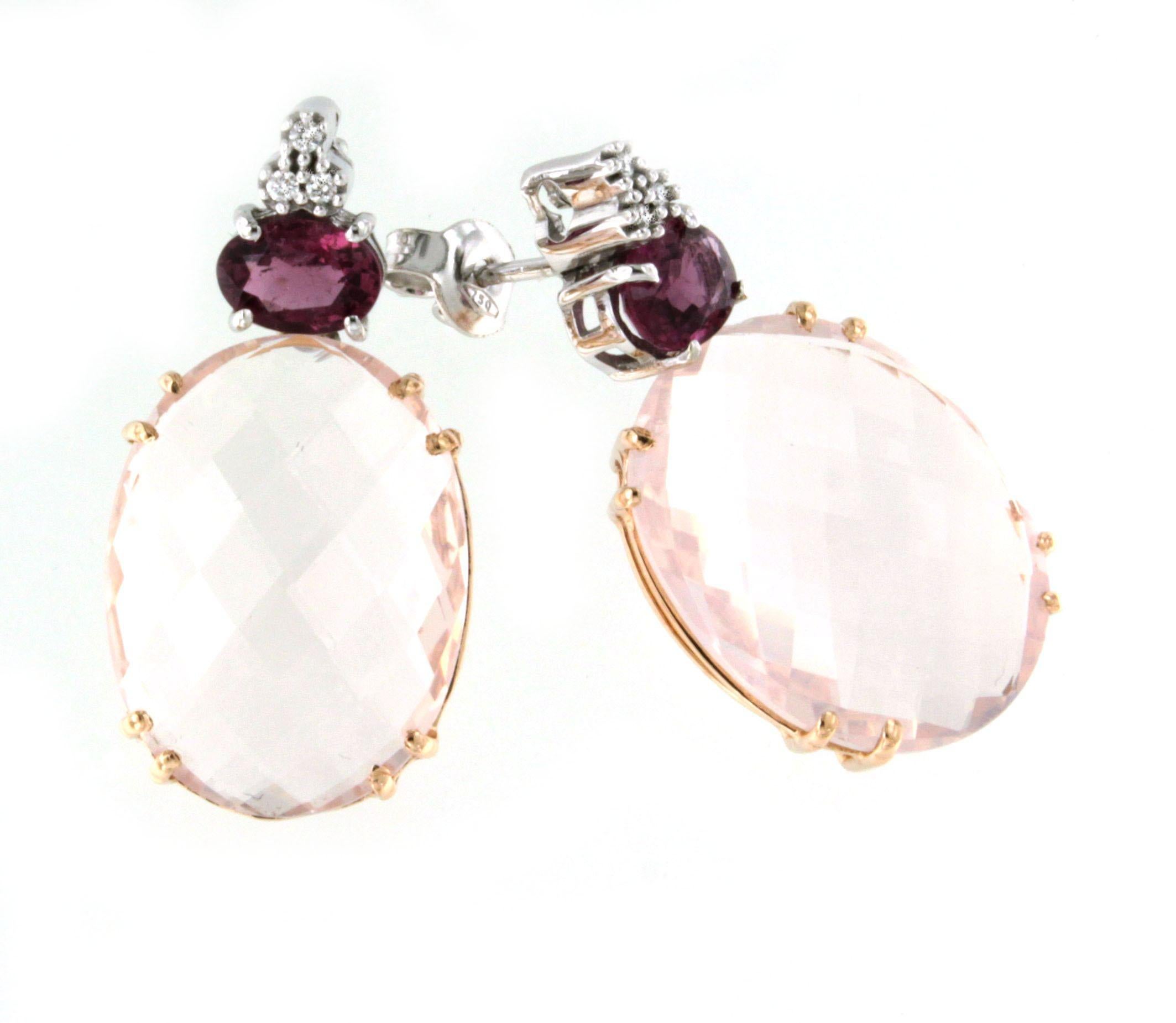 Orecchini in oro 18kt 14Kt con quarzo rosa e tormalina rosa e diamanti bianchi In condizioni Nuovo in vendita a GALLARATE, IT