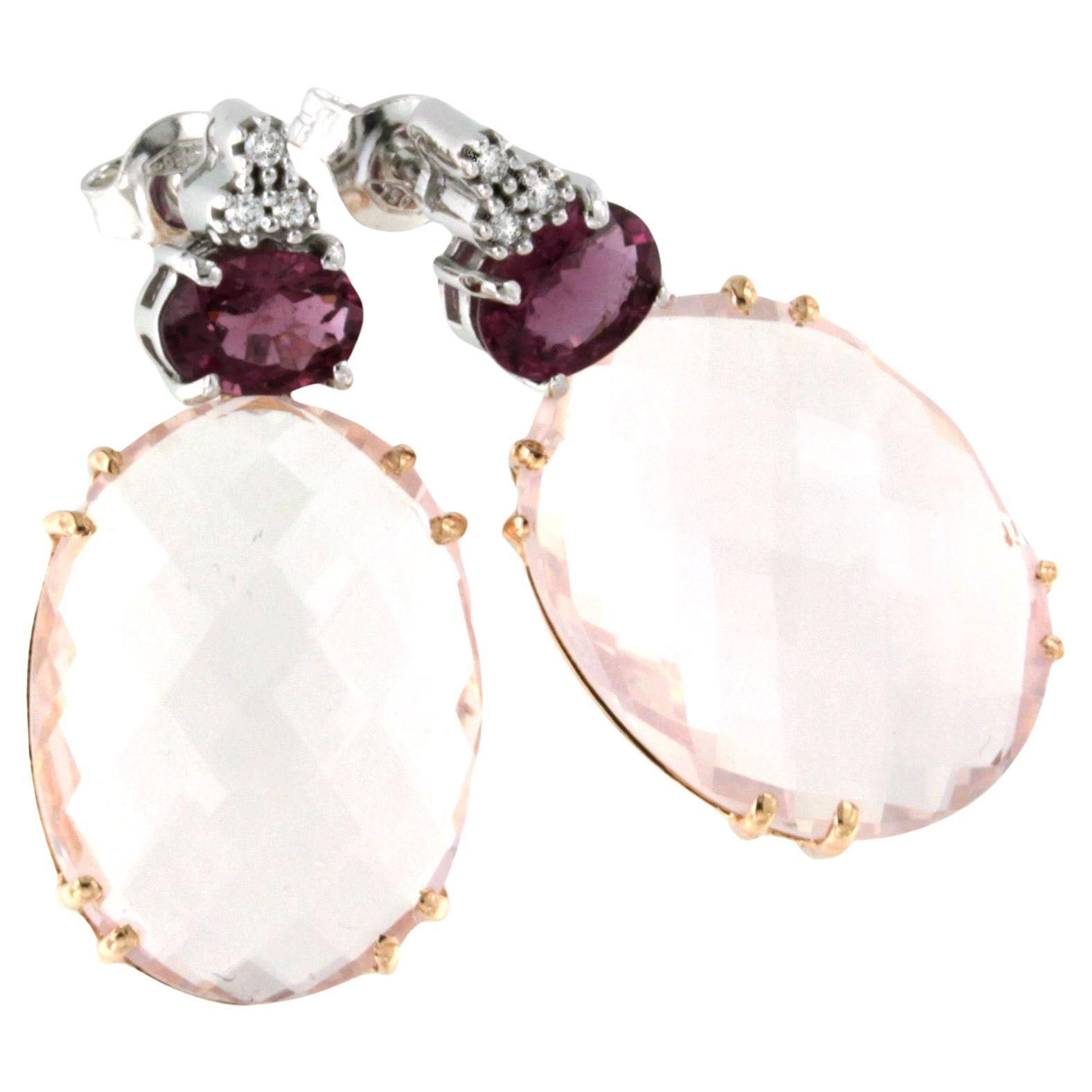 Boucles d'oreilles étonnantes en or 14Kt 18kt avec quartz rose tourmaline rose diamants blancs