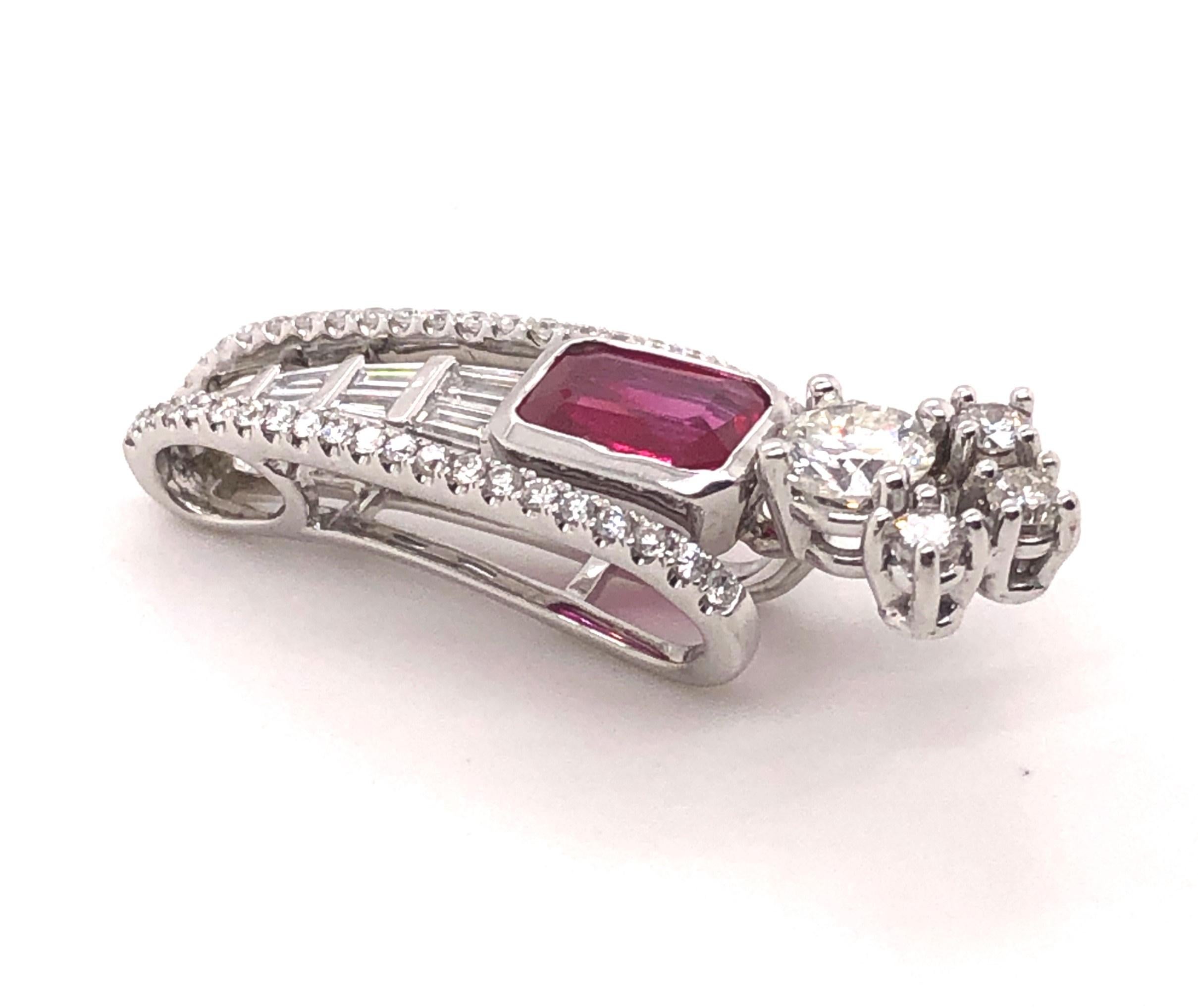 18kt white gold approximately 1.72ct Natural Ruby and approximately 1.95 carat VS1-SI2 Diamond Slide Pendant. 

The pendant slide measures 1.25 inches long by 3/8 inches at the widest point. 