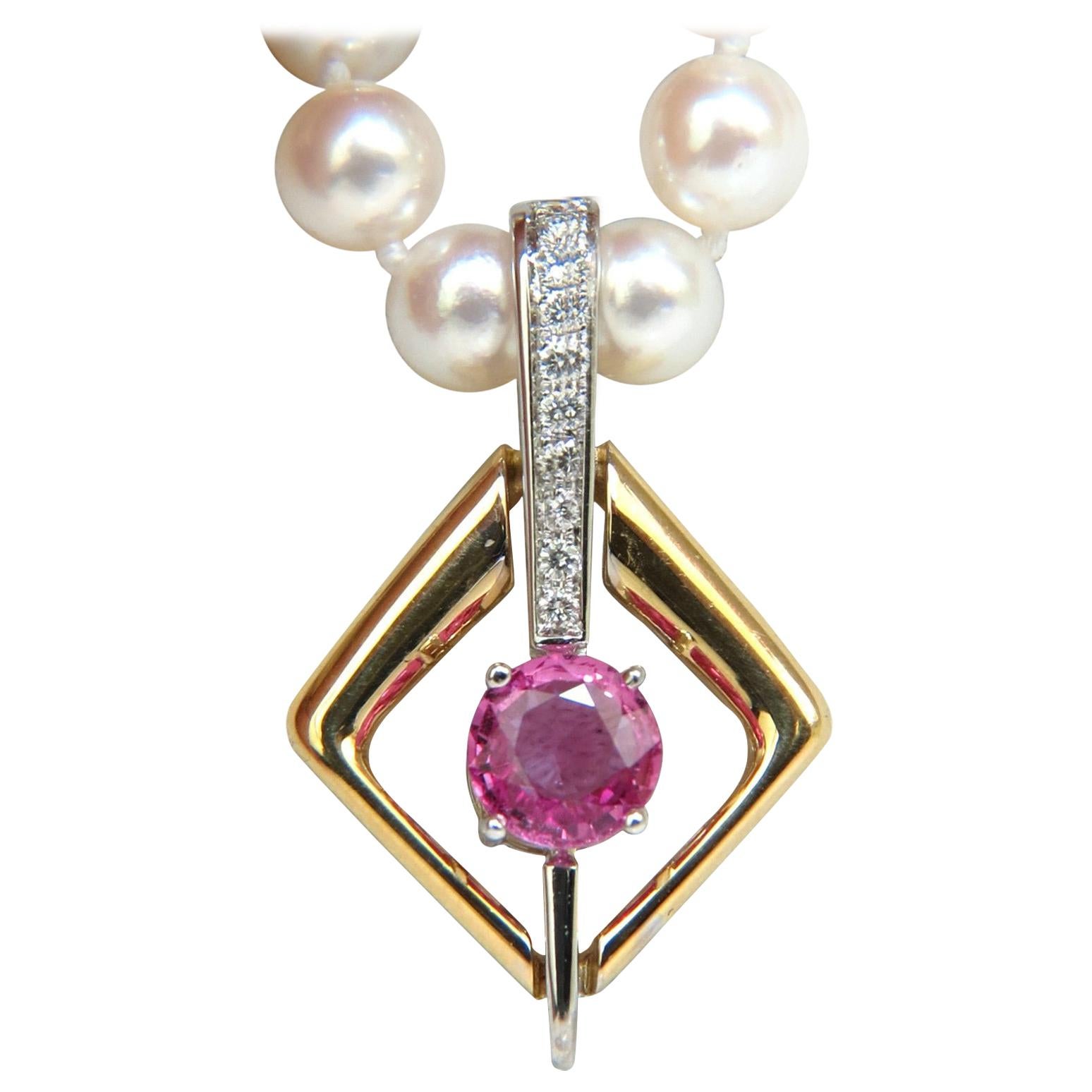 18KT 1.83CT Natural Vivid Pink Sapphire Enhancer and Japanese Pearl Necklace