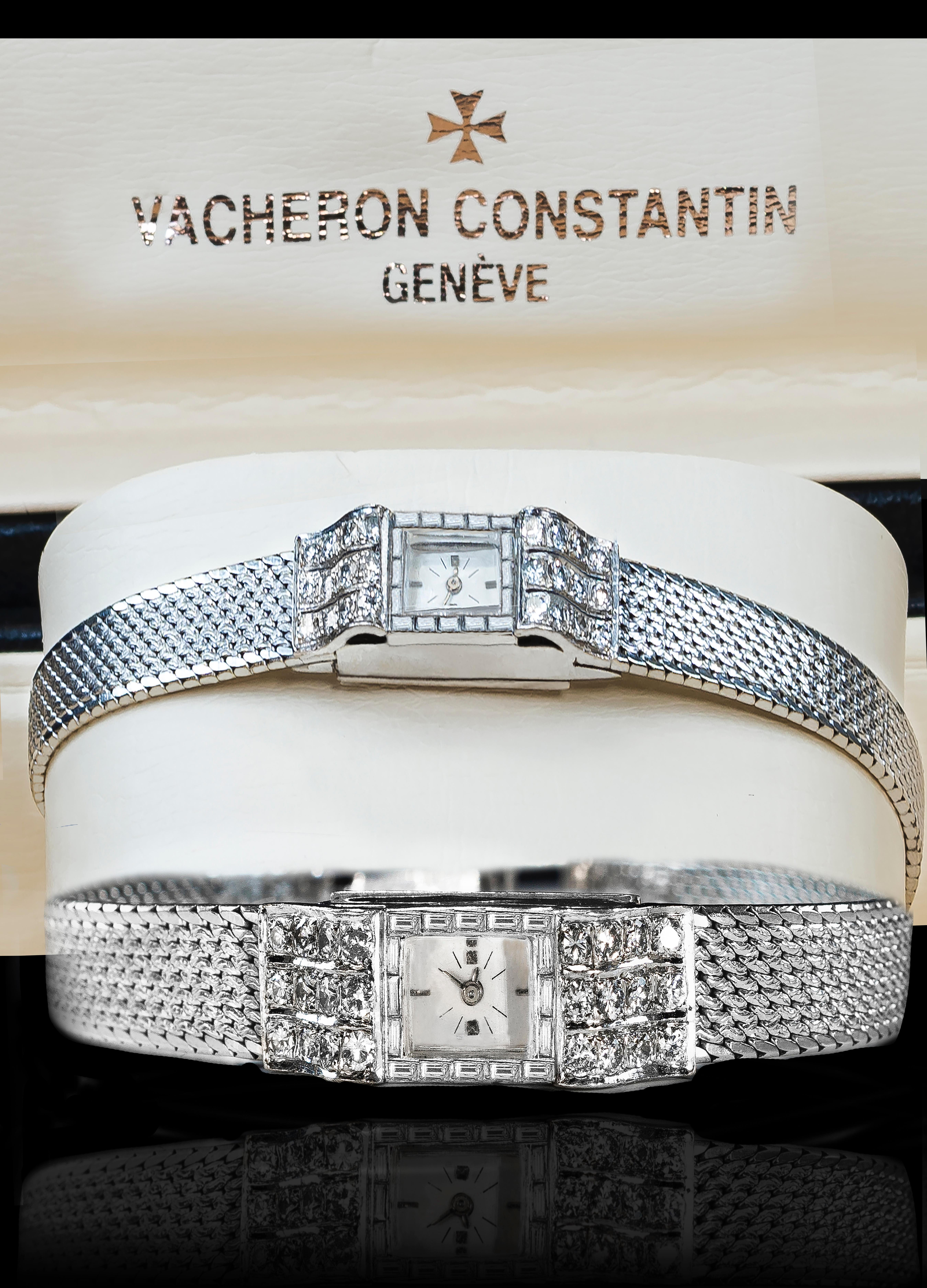 Retro 18KT 1940/50s Vacheron Constantin 5CT Ruffle Form Shaped Diamond Bracelet Watch For Sale