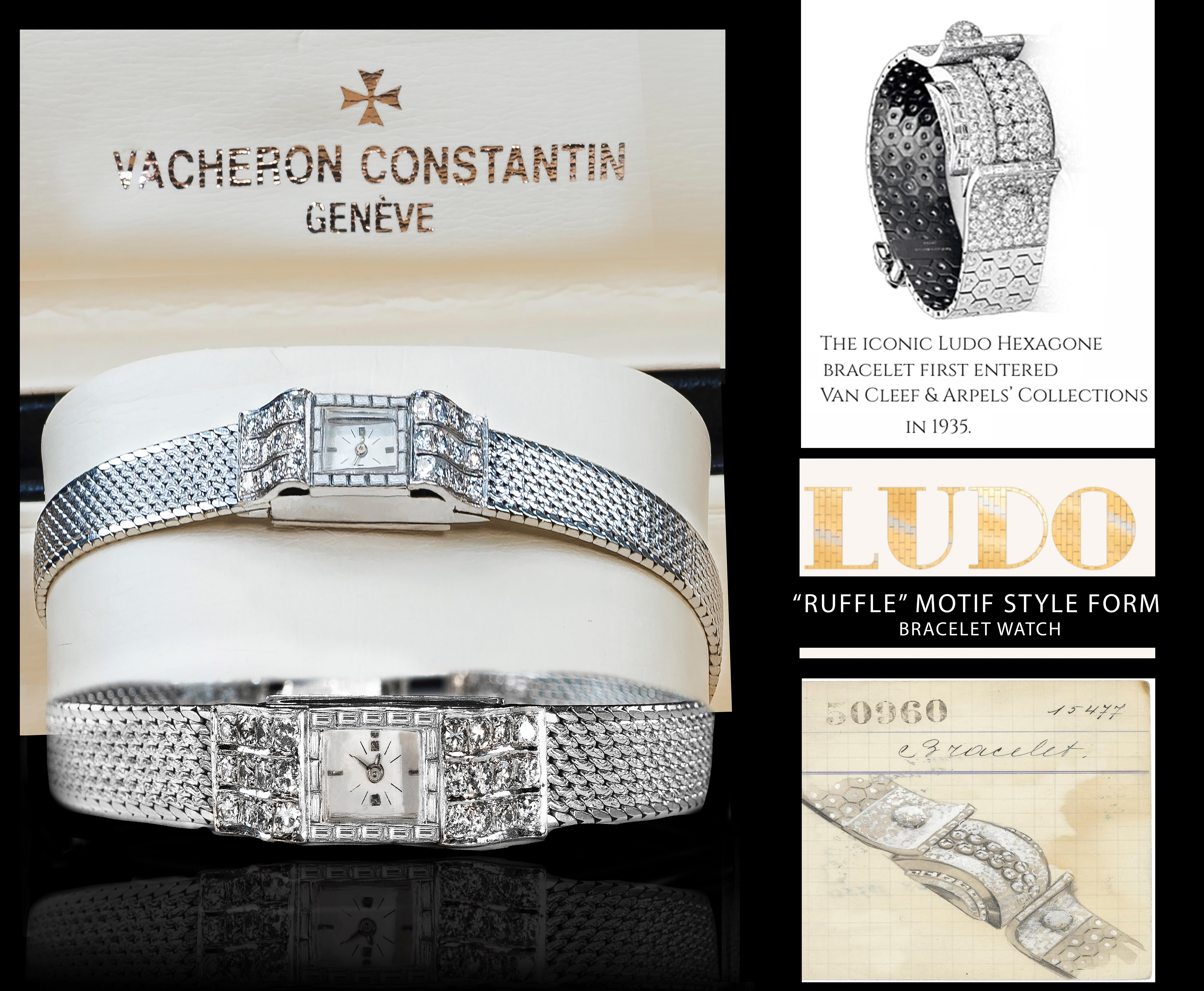 18KT 1940/50s Vacheron Constantin 5CT Armbanduhr in Rüschenform mit Diamanten (Retro) im Angebot