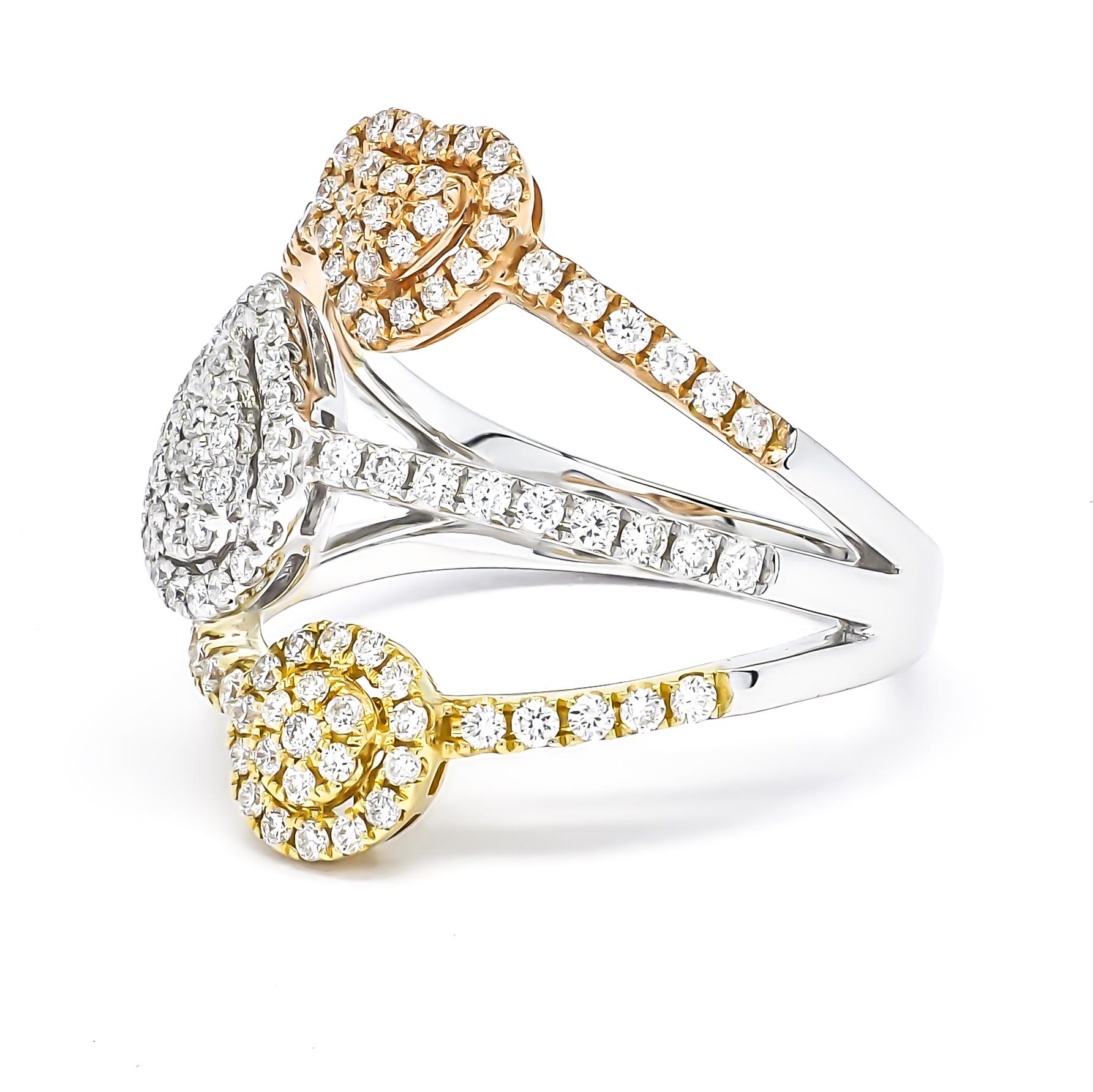 18KT 3farbiger Weißgold-Ring mit runden Diamanten, 3 Multi-Cluster-Halo im Zustand „Neu“ im Angebot in Antwerpen, BE
