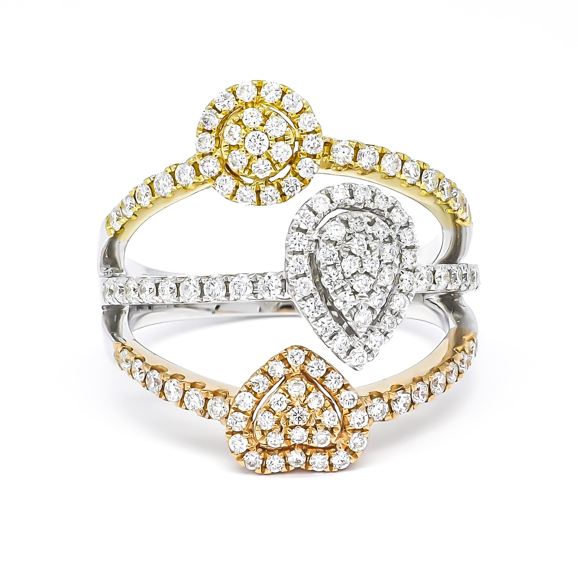 18KT 3farbiger Weißgold-Ring mit runden Diamanten, 3 Multi-Cluster-Halo im Angebot 1