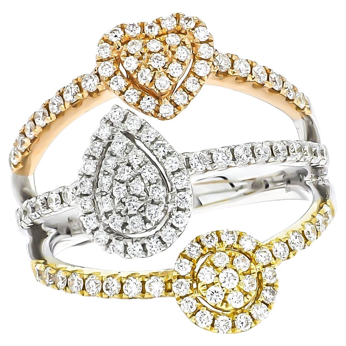 18KT 3 Tone White Gold Round Diamonds 3 Multi Cluster Halo Multi Row Ring For Sale