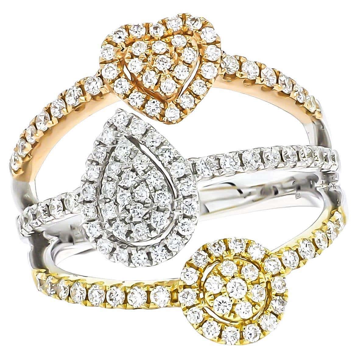 18KT 3 Tone White Gold Round Diamonds 3 Multi Cluster Halo Multi Row ...