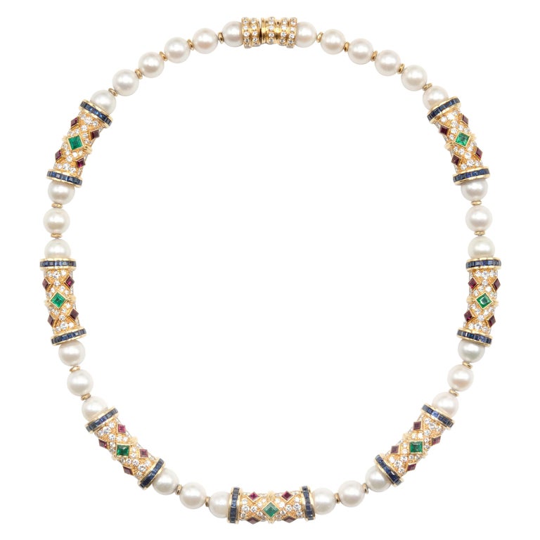 18KT 44.57 Carat Pearl and Gemstone Vintage Necklace For Sale