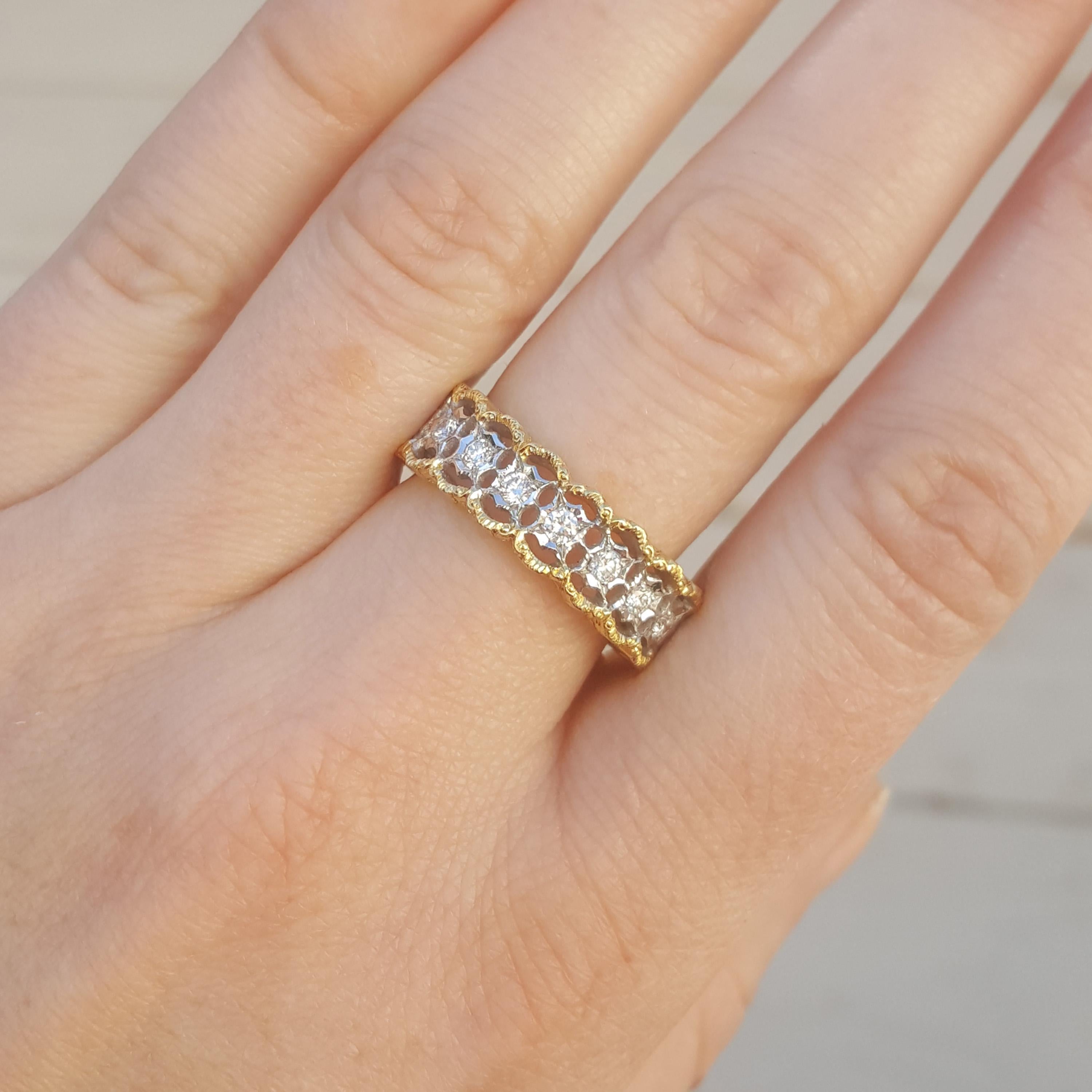 The Stefania collection is all grace and delicacy, and this eternity band is an excellent example. A row of scintillating diamonds are held in a delicately scalloped ring.

As with all our Florentine engraved jewels, Stefania is hand-crafted and