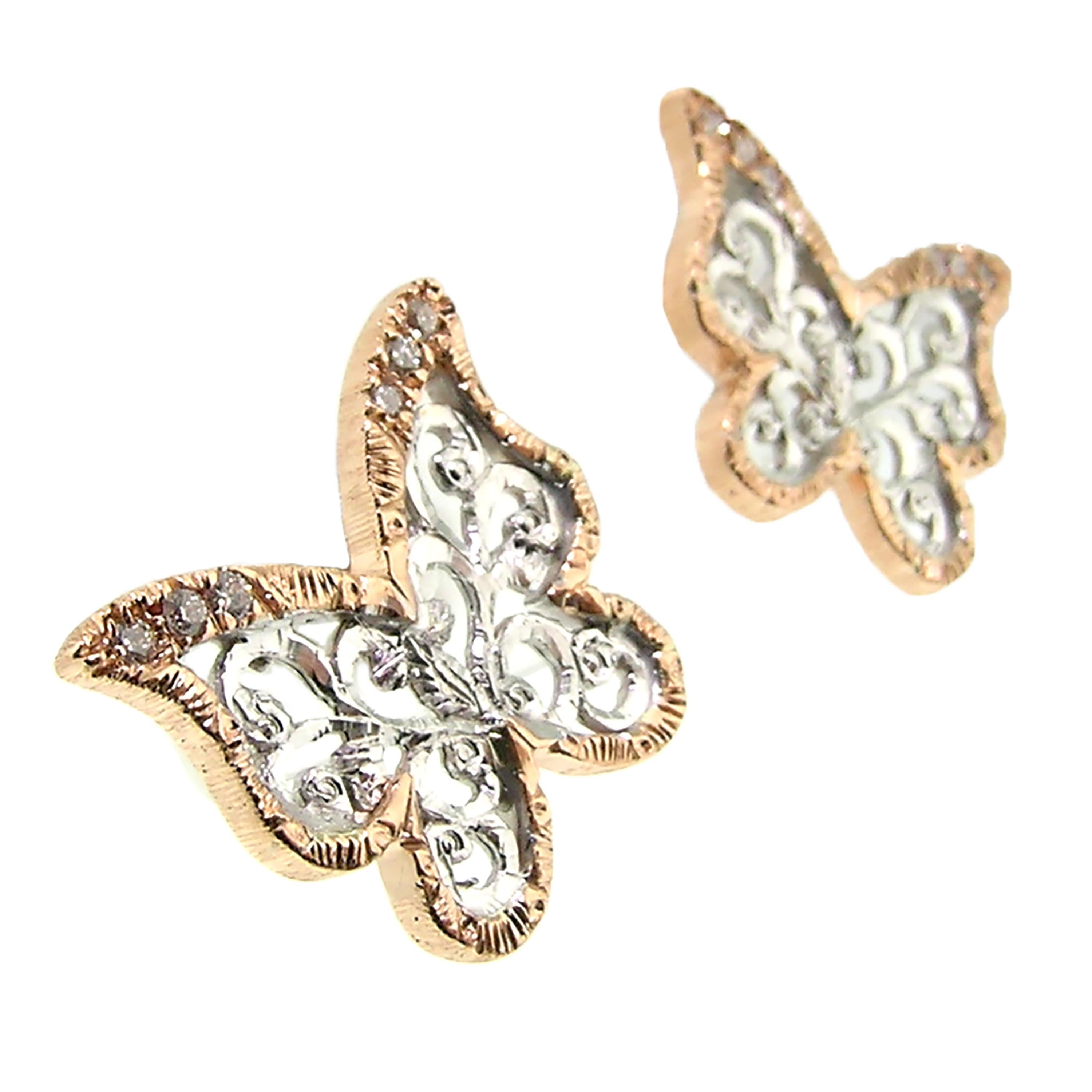 Round Cut 18kt and Diamond Butterfly Engraved Earrings, Handmade in Florence, Italy